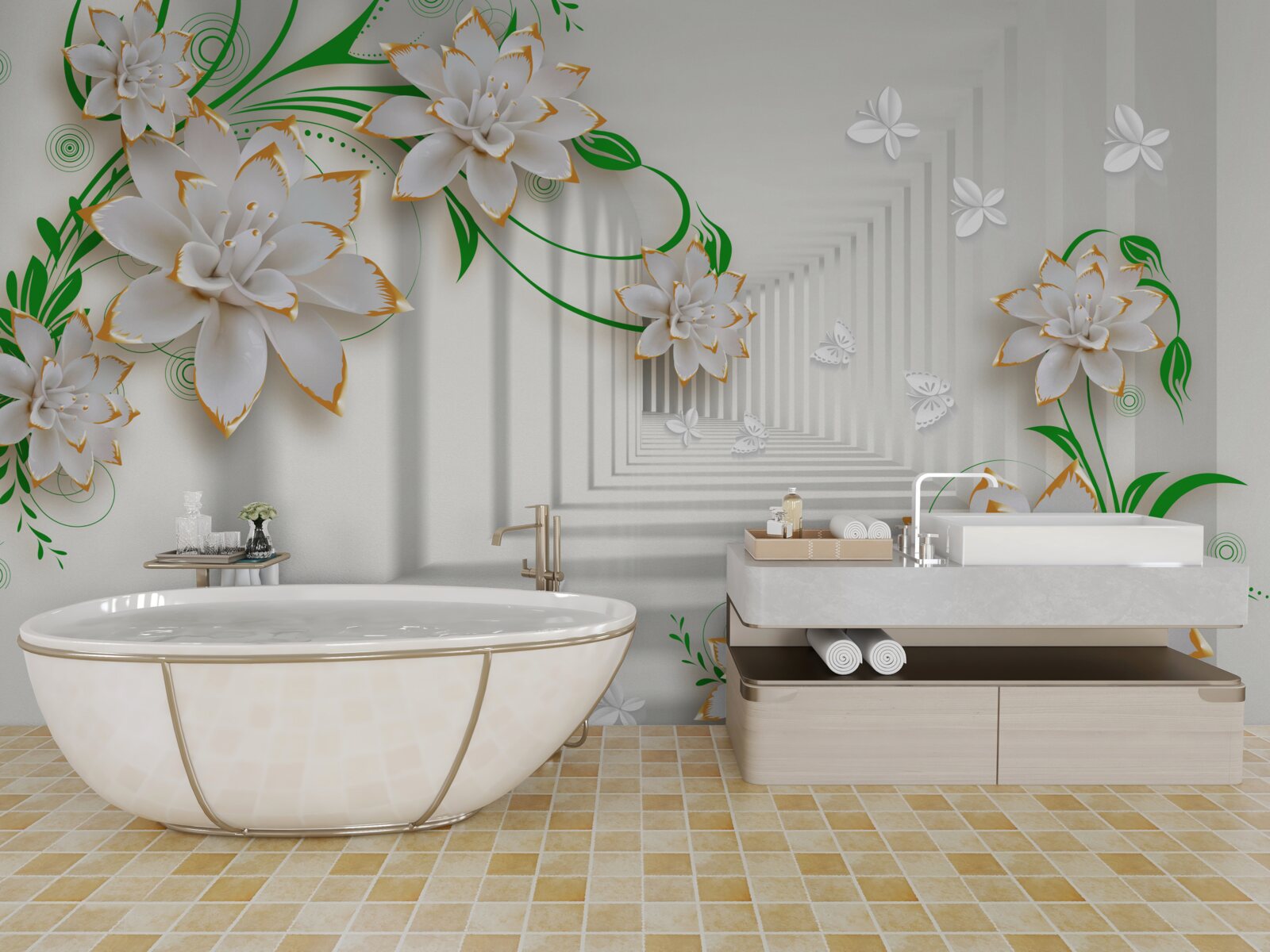 Fototapet tunel abstract decorat cu frunze verzi și lotus alb