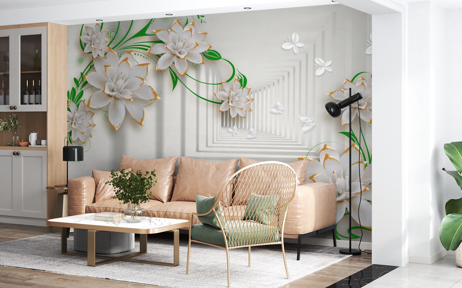 Fototapet tunel abstract decorat cu frunze verzi și lotus alb