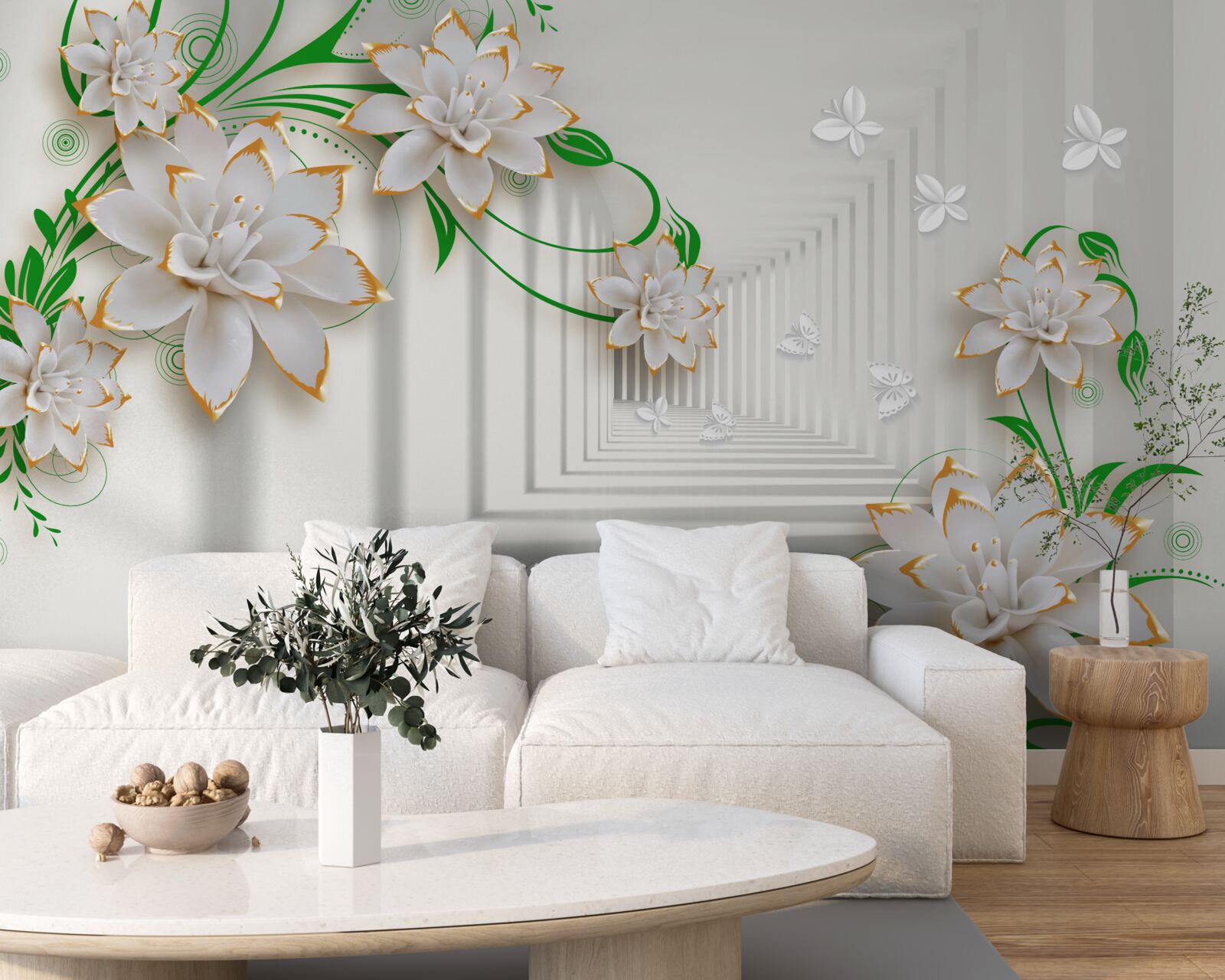 Fototapet tunel abstract decorat cu frunze verzi și lotus alb