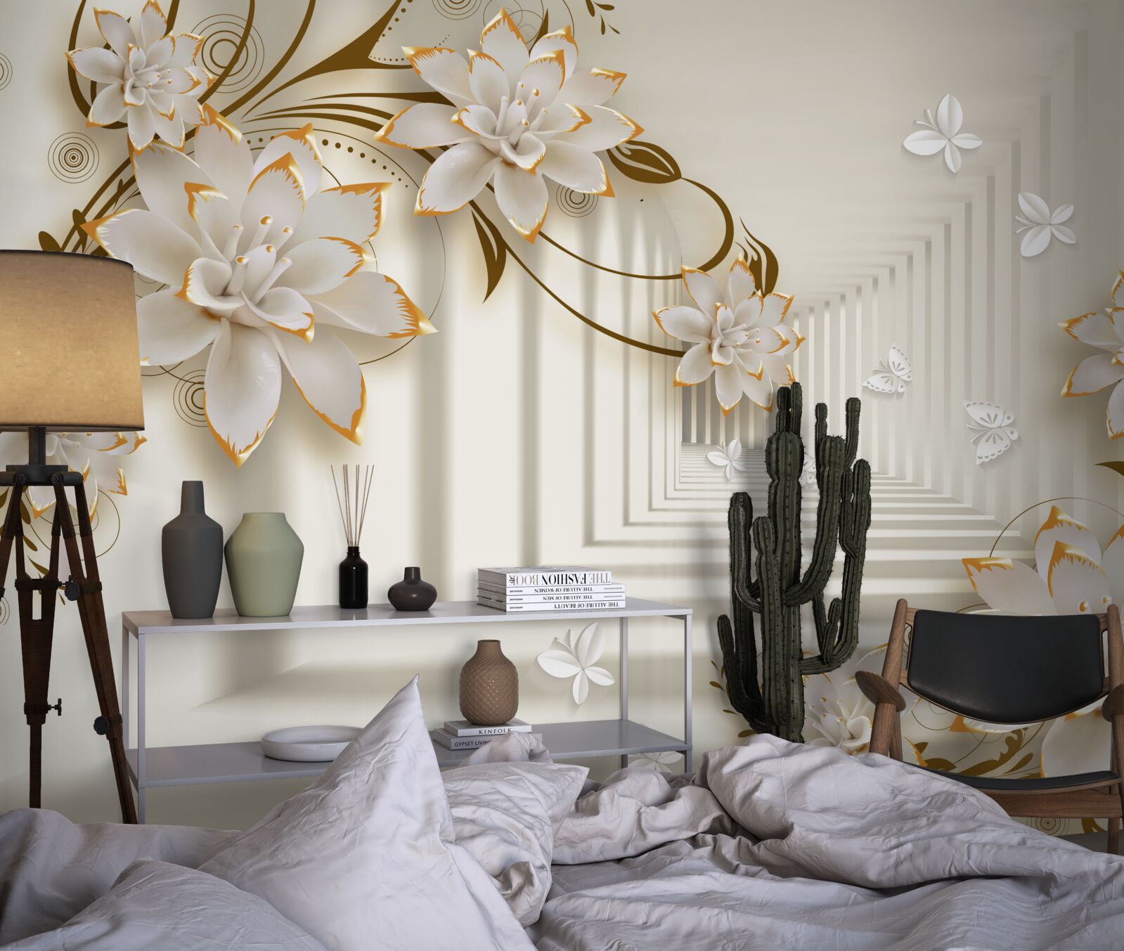 Fototapet colonadă albă ca zăpada și ramuri de flori expuse în toată splendoarea lor