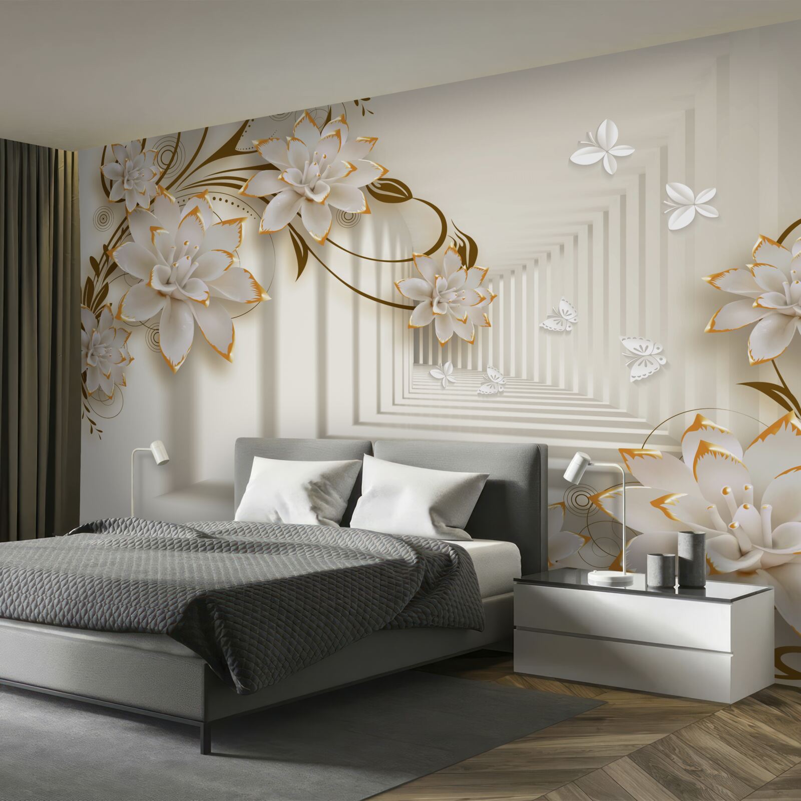 Fototapet colonadă albă ca zăpada și ramuri de flori expuse în toată splendoarea lor