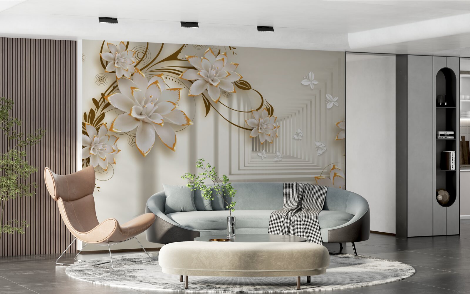 Fototapet colonadă albă ca zăpada și ramuri de flori expuse în toată splendoarea lor