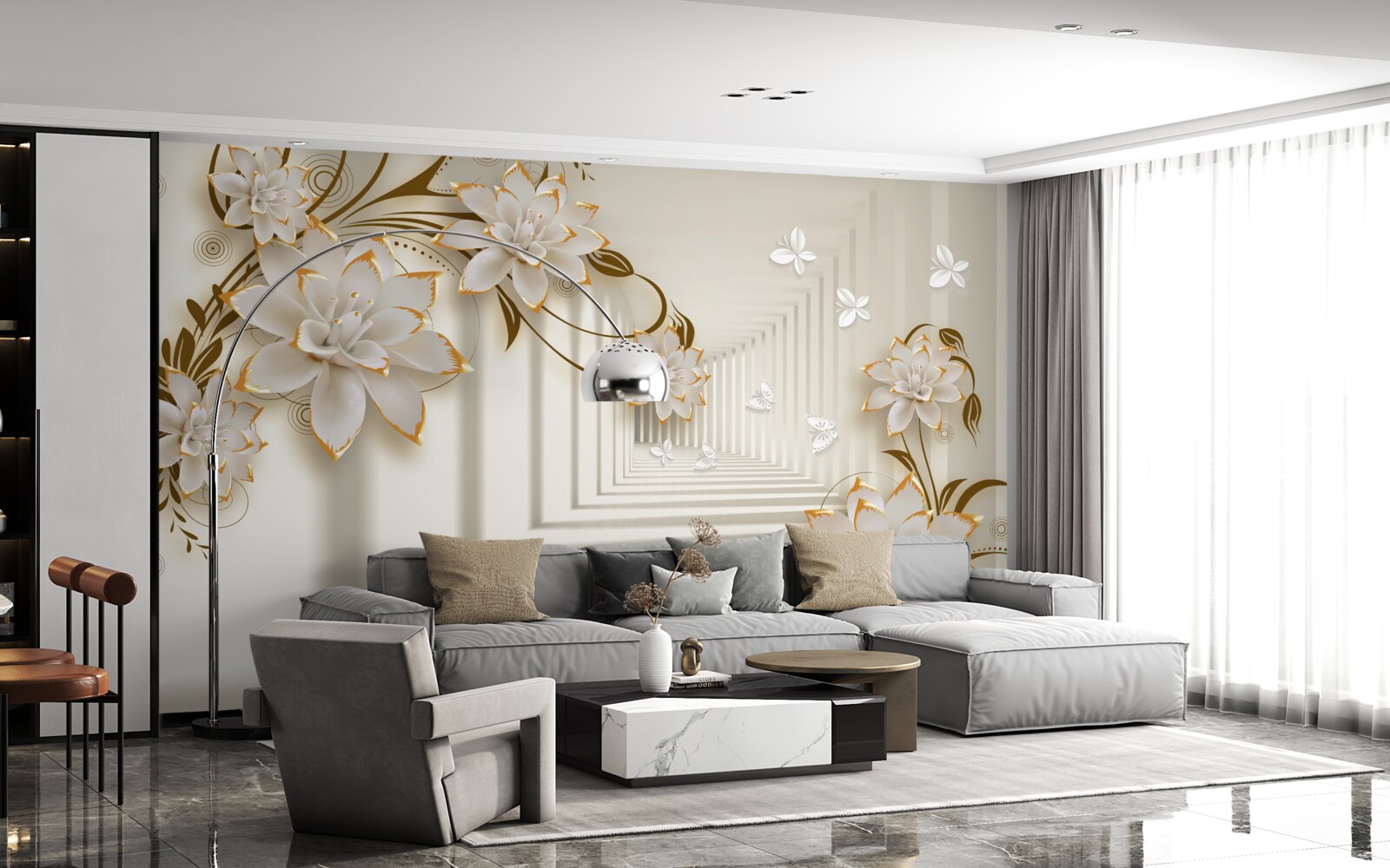 Fototapet colonadă albă ca zăpada și ramuri de flori expuse în toată splendoarea lor