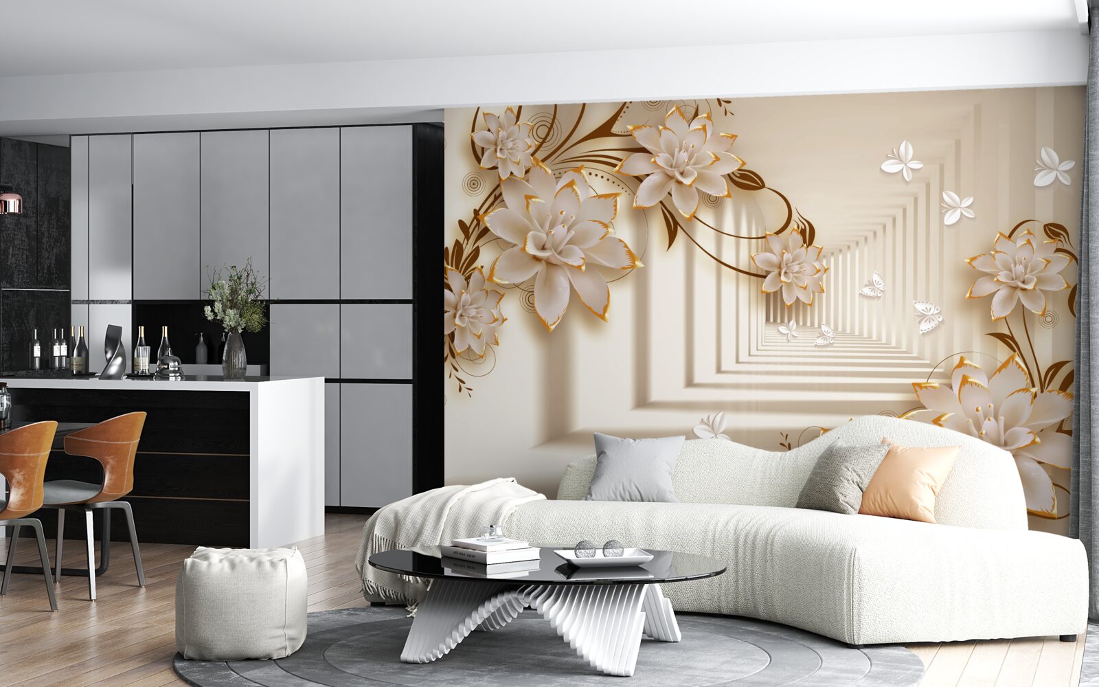 Fototapet coloanele și florile creează un tunel ireal