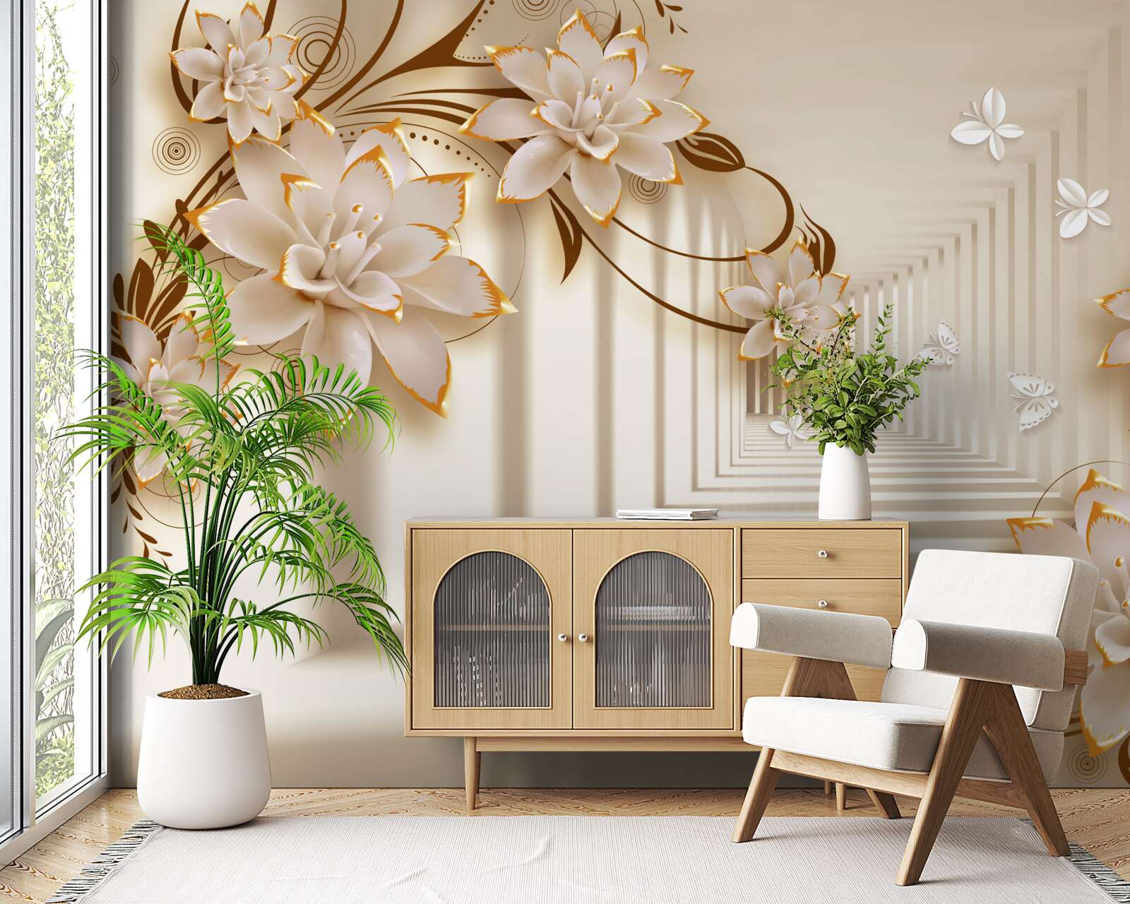 Fototapet coloanele și florile creează un tunel ireal