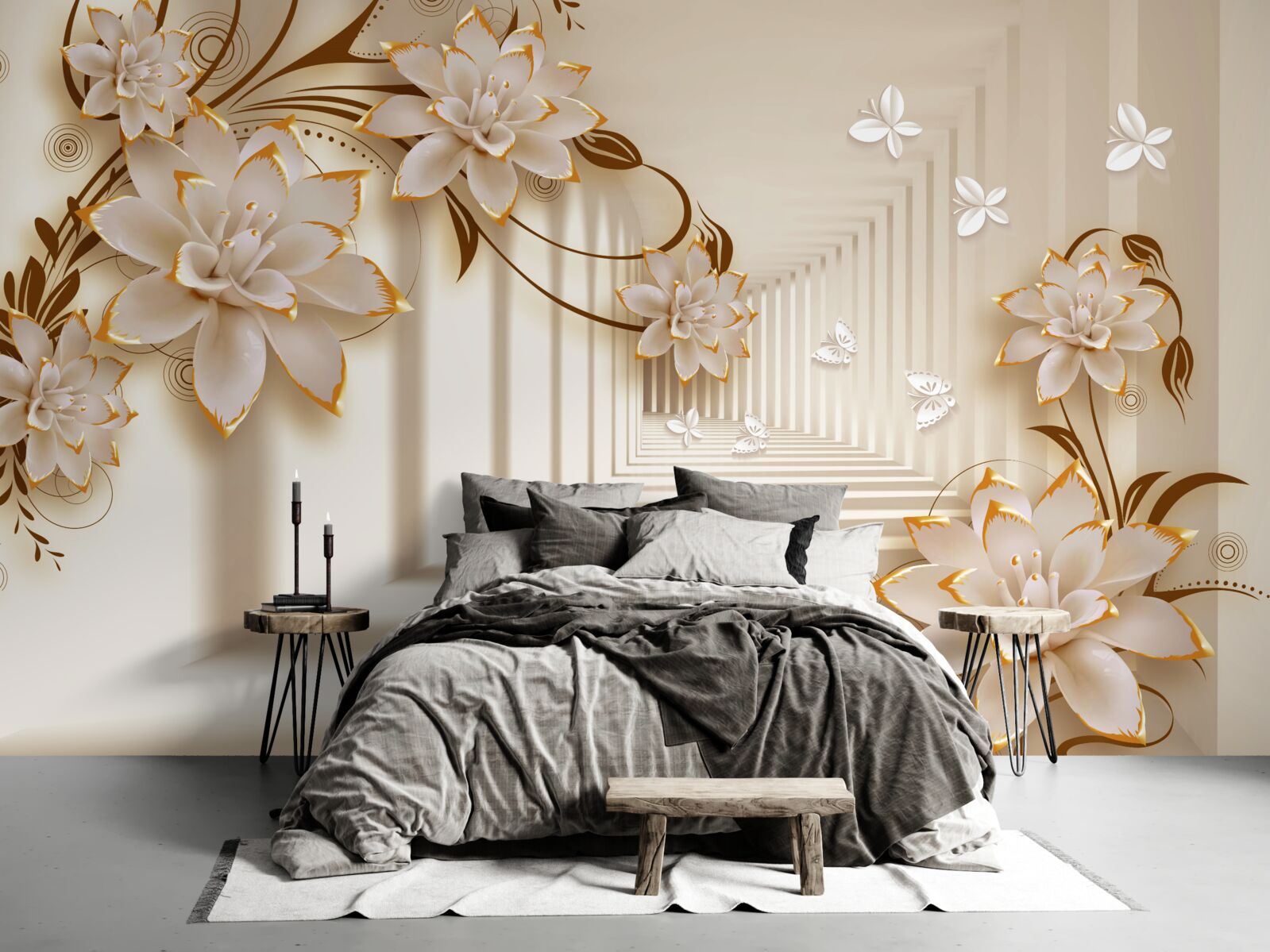 Fototapet coloanele și florile creează un tunel ireal