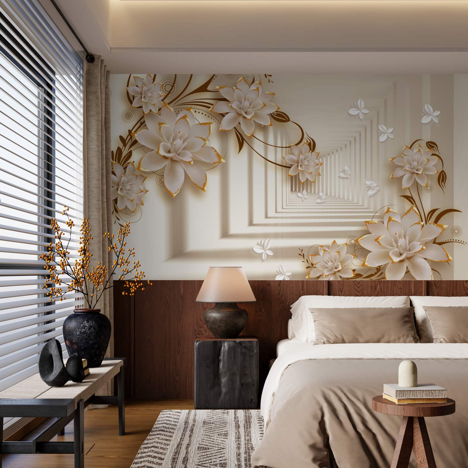 Fototapet coloanele și florile creează un tunel ireal