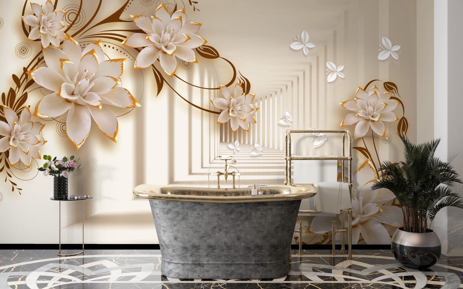 Fototapet coloanele și florile creează un tunel ireal