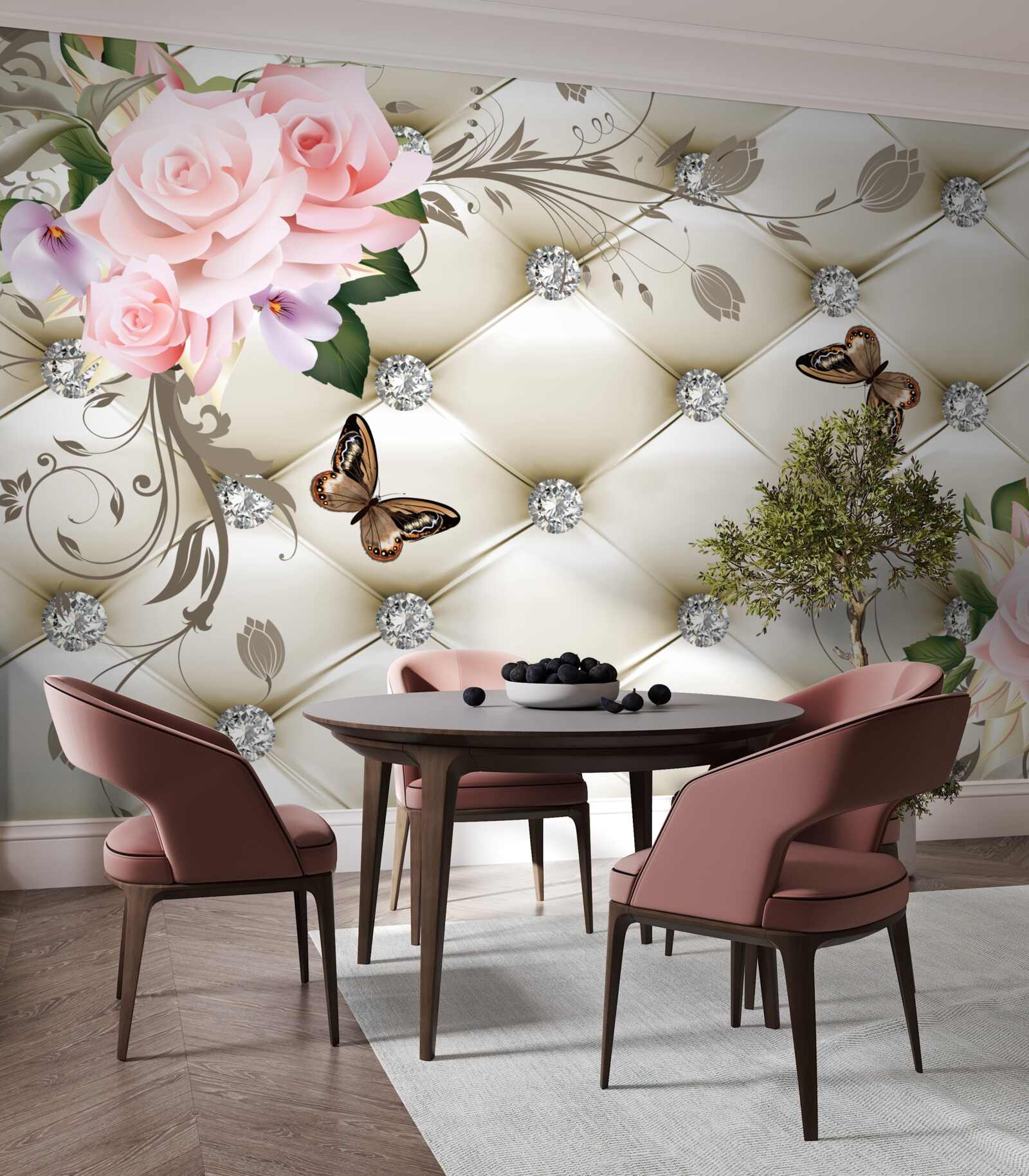 Fototapet decor din țesătură peste trandafiri în nuanțe de roz, cu fluturi plutind deasupra lor