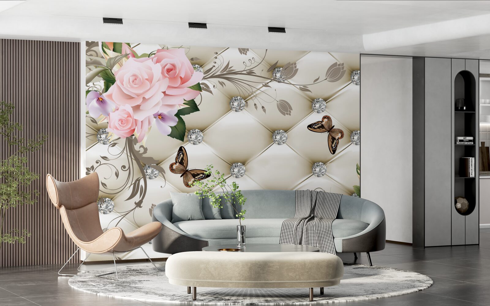 Fototapet decor din țesătură peste trandafiri în nuanțe de roz, cu fluturi plutind deasupra lor