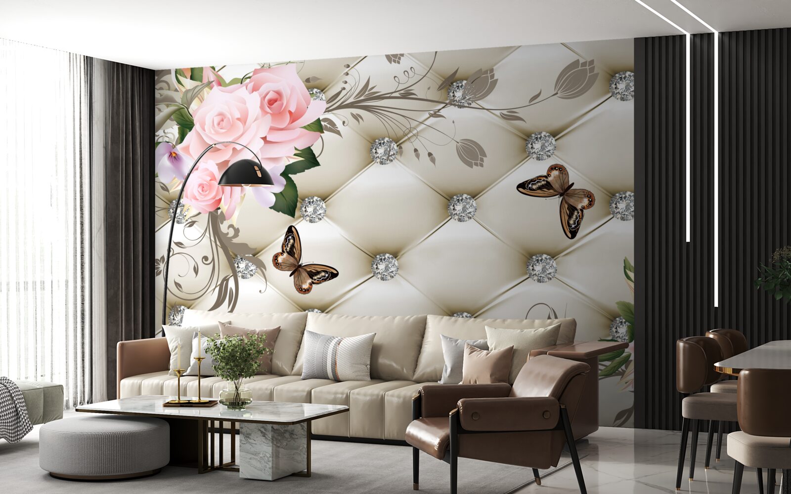 Fototapet decor din țesătură peste trandafiri în nuanțe de roz, cu fluturi plutind deasupra lor