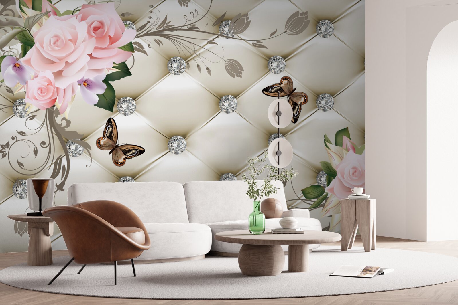 Fototapet decor din țesătură peste trandafiri în nuanțe de roz, cu fluturi plutind deasupra lor