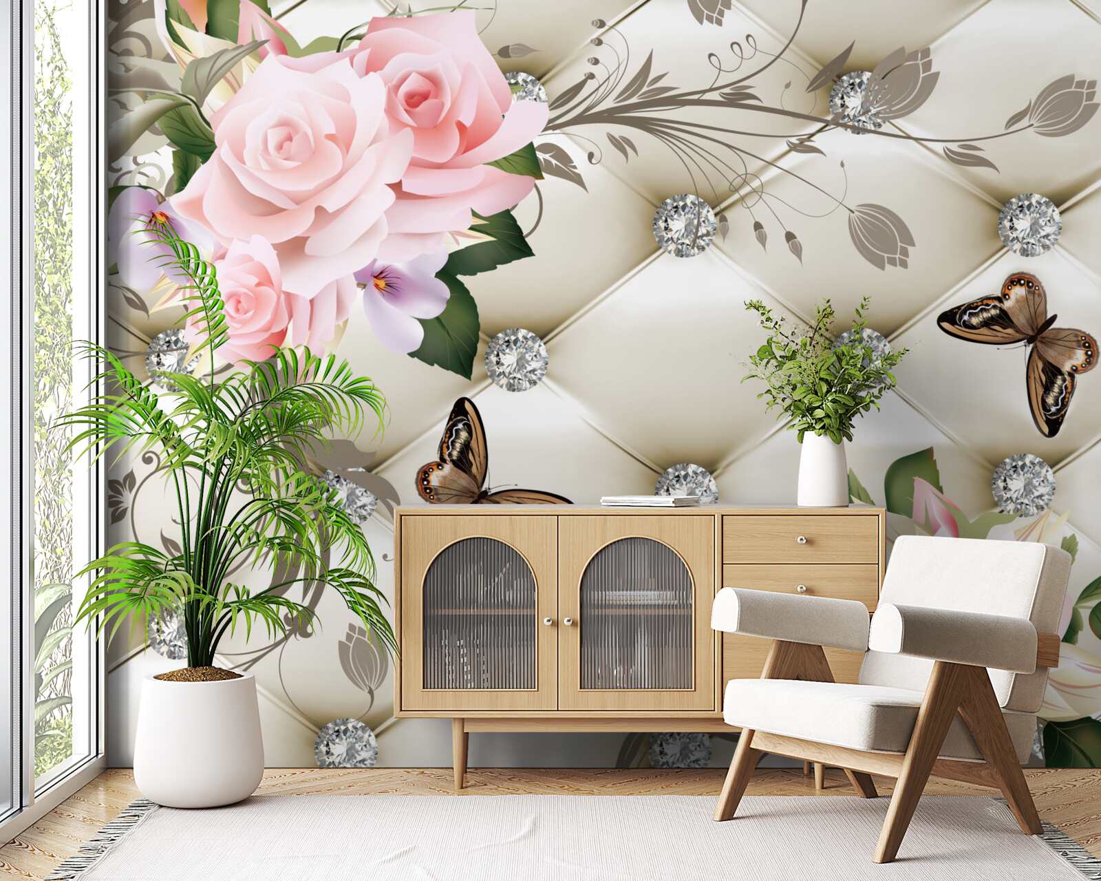 Fototapet textură florală pe țesătură albă decorată cu perle