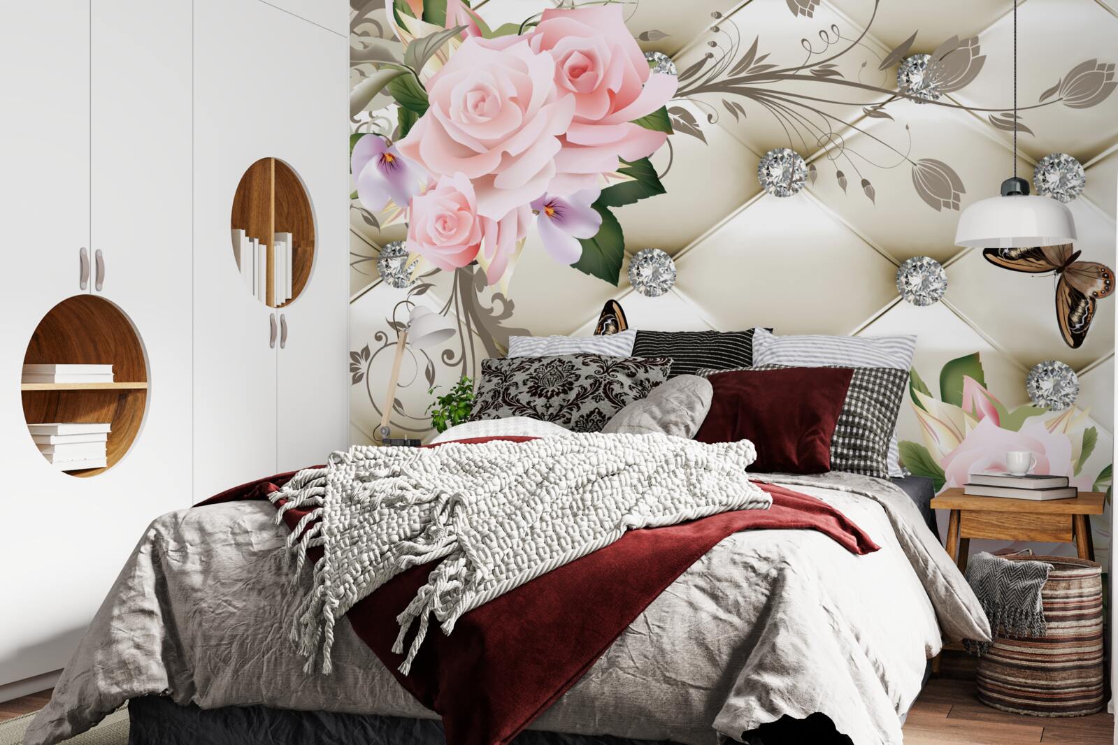 Fototapet textură florală pe țesătură albă decorată cu perle