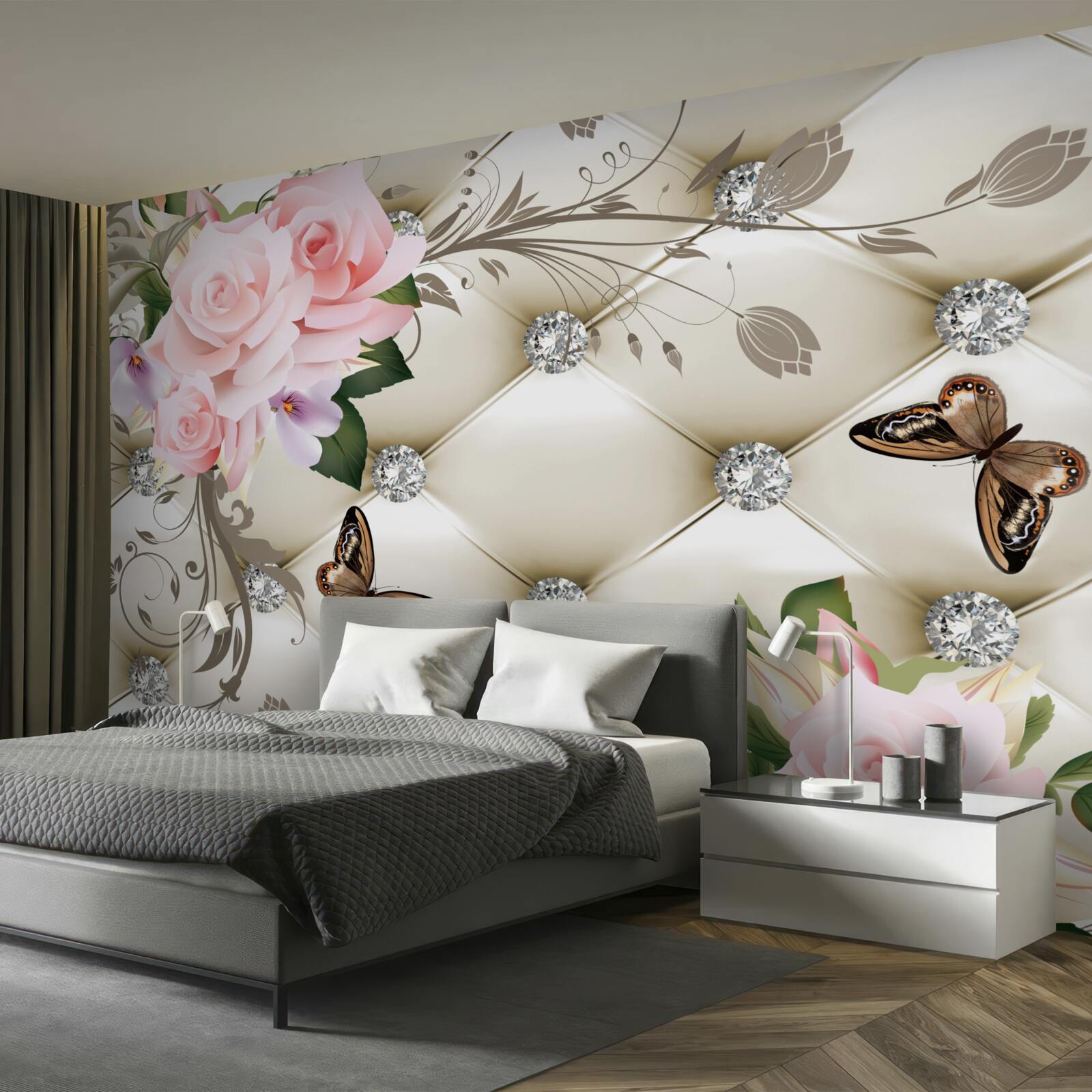 Fototapet textură florală pe țesătură albă decorată cu perle