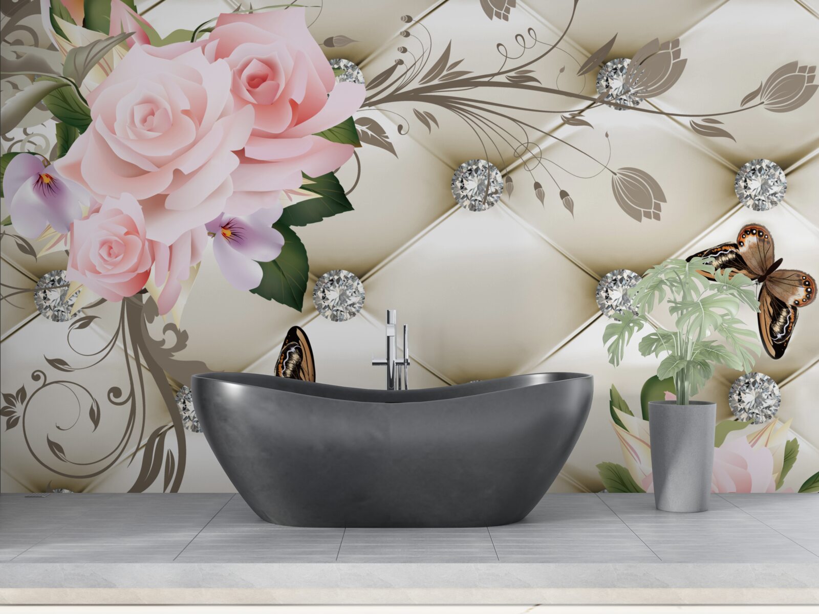 Fototapet textură florală pe țesătură albă decorată cu perle