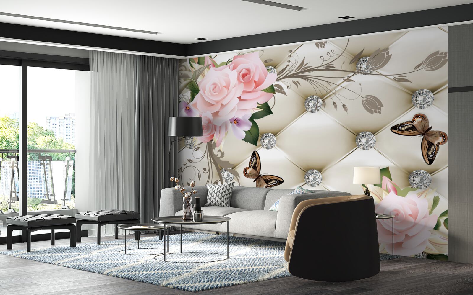 Fototapet textură florală pe țesătură albă decorată cu perle