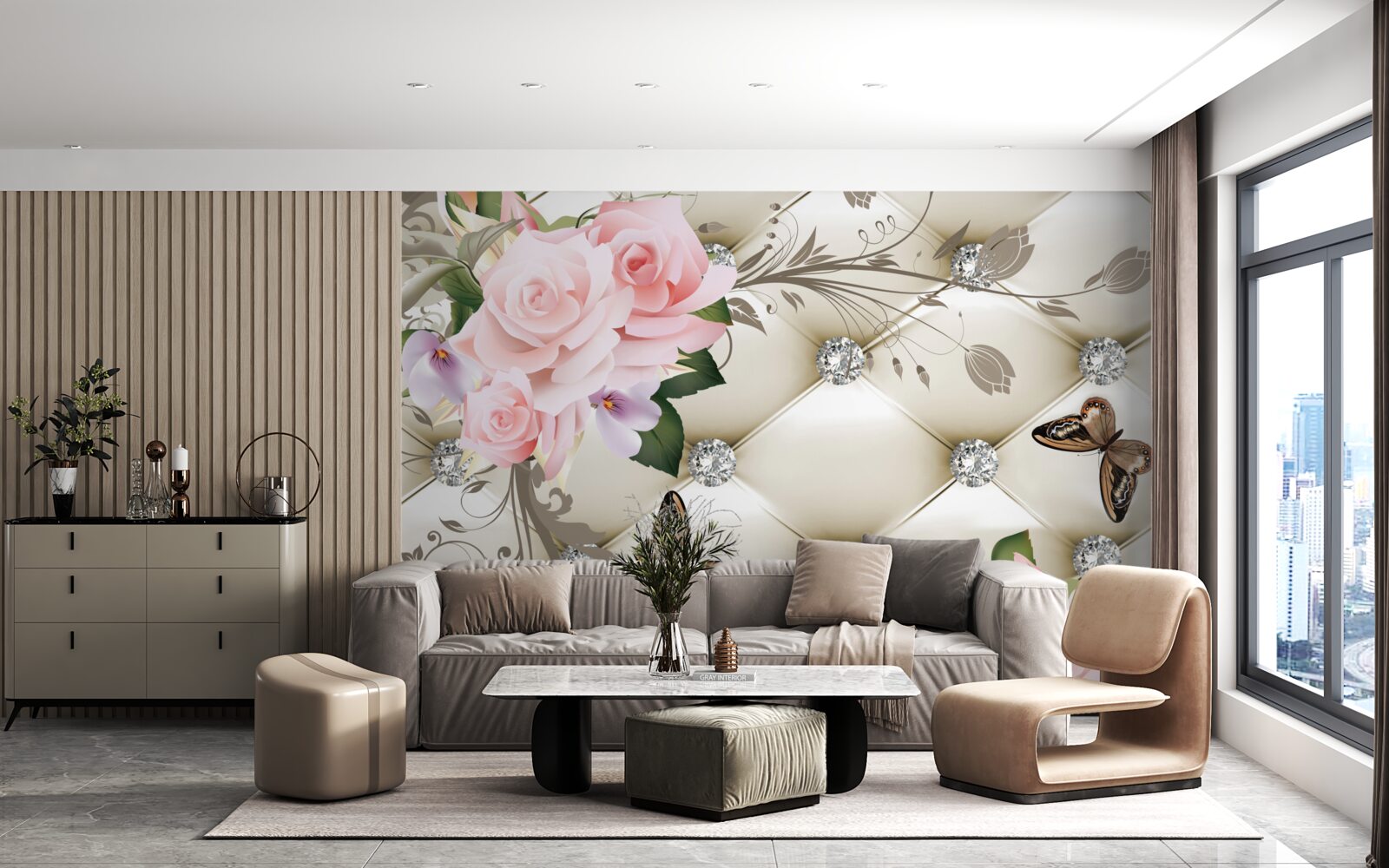 Fototapet textură florală pe țesătură albă decorată cu perle