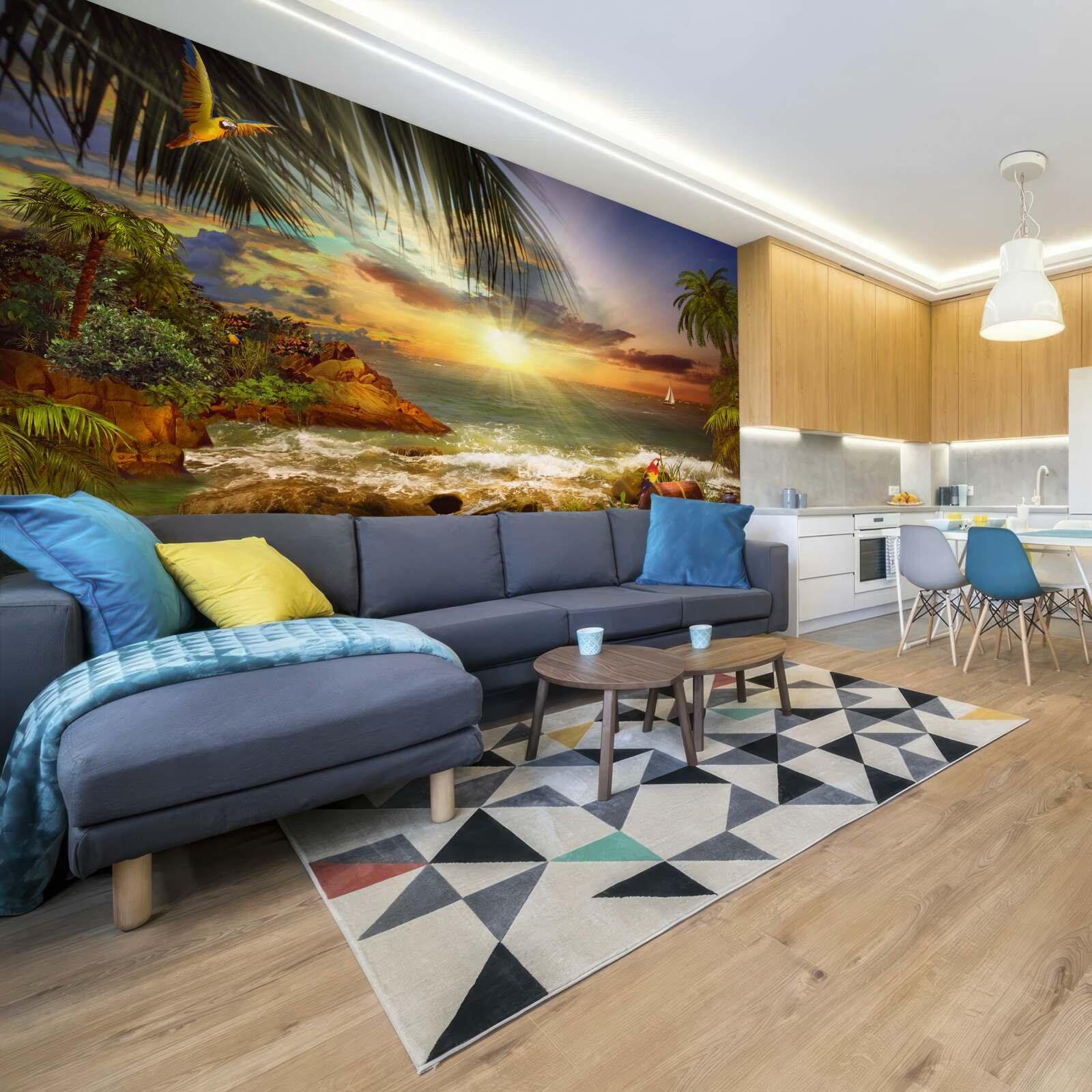 Fototapet apus de soare, care poate fi observat de pe țărmul unei insule nelocuite