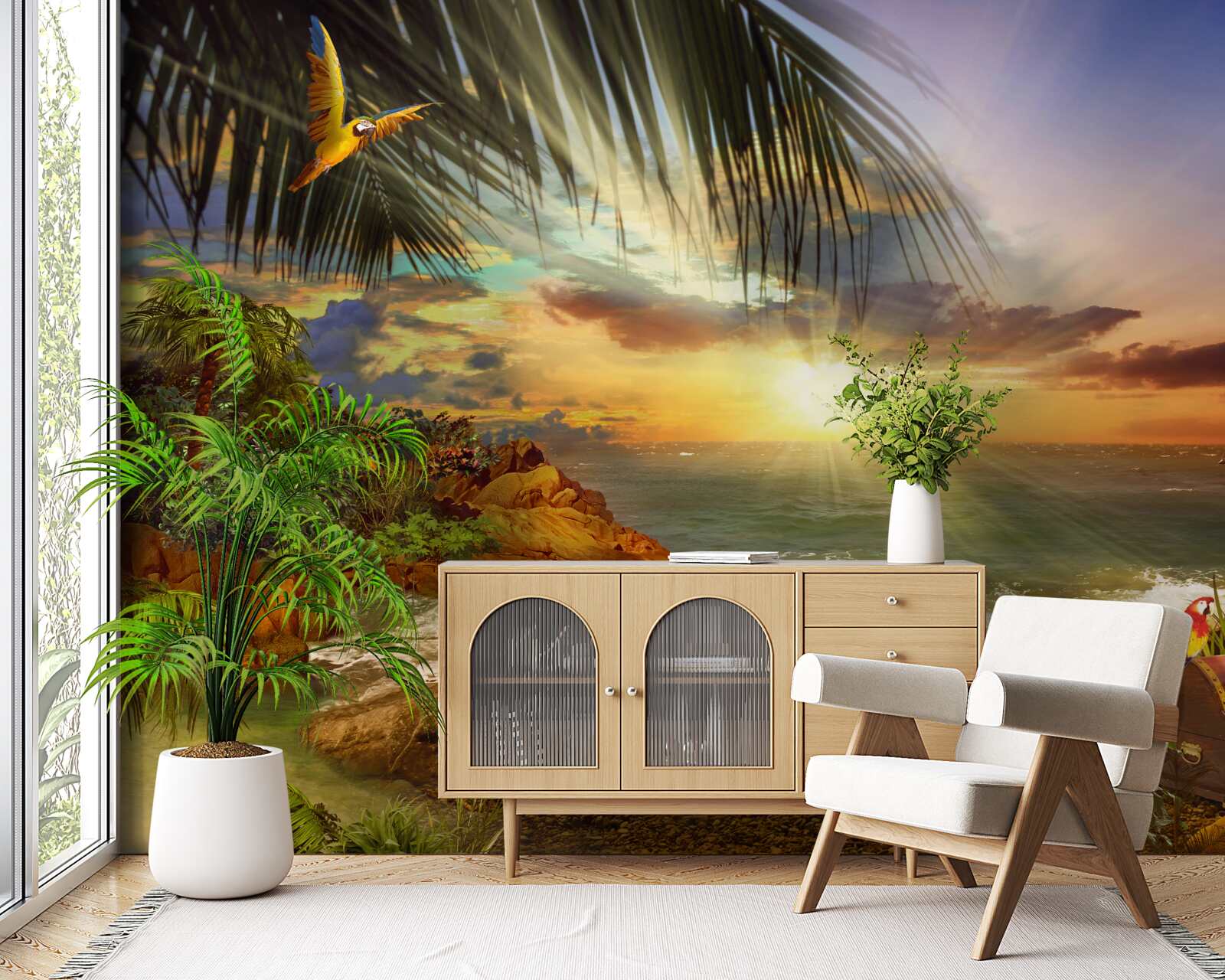 Fototapet apus de soare, care poate fi observat de pe țărmul unei insule nelocuite