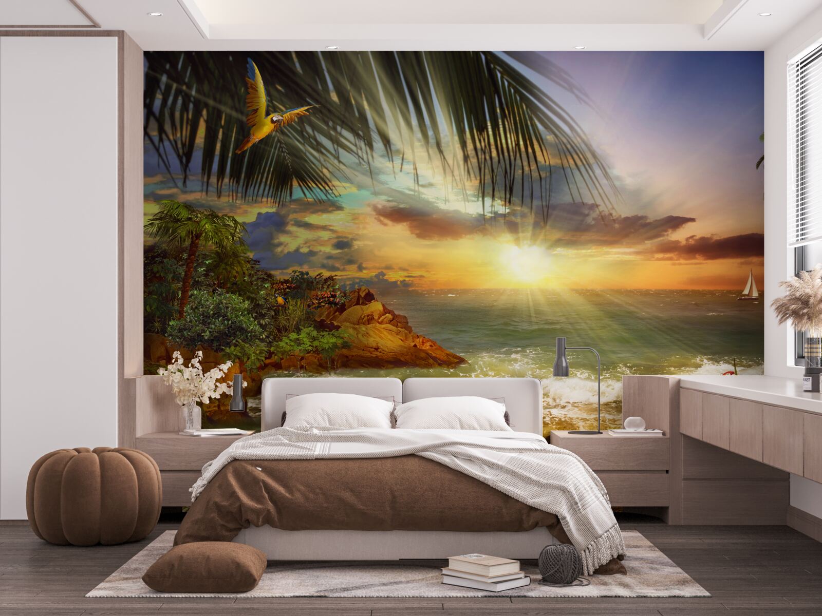 Fototapet apus de soare, care poate fi observat de pe țărmul unei insule nelocuite