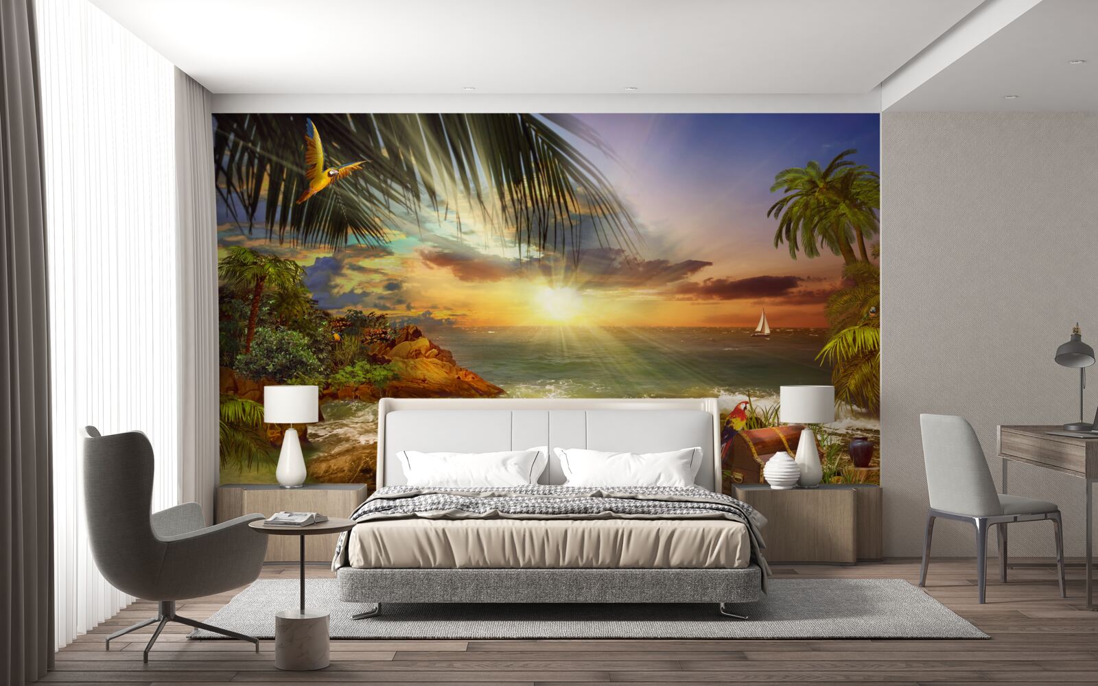 Fototapet apus de soare, care poate fi observat de pe țărmul unei insule nelocuite