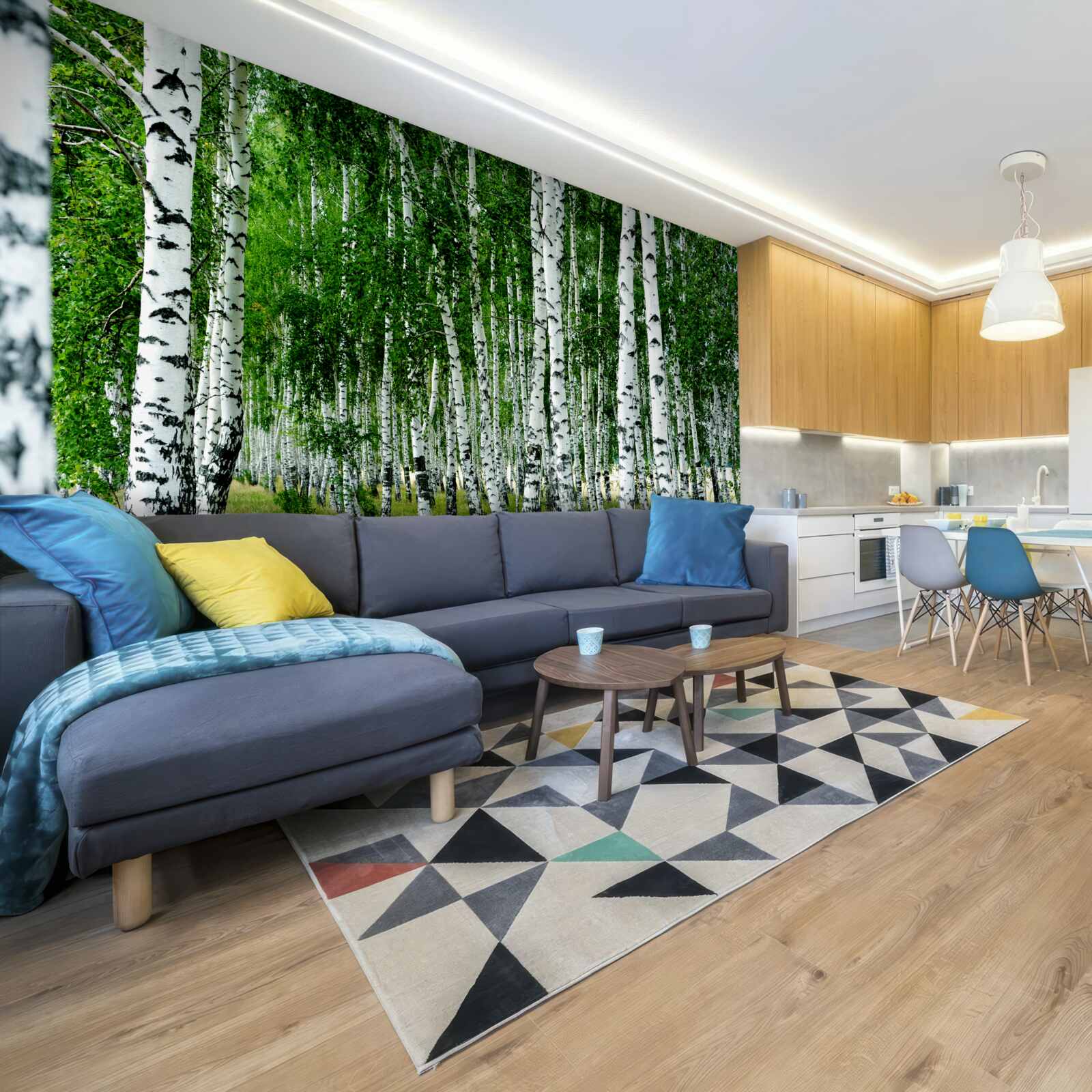 Fototapet mesteceni verzi cu trunchiuri grațioase pe un câmp deschis