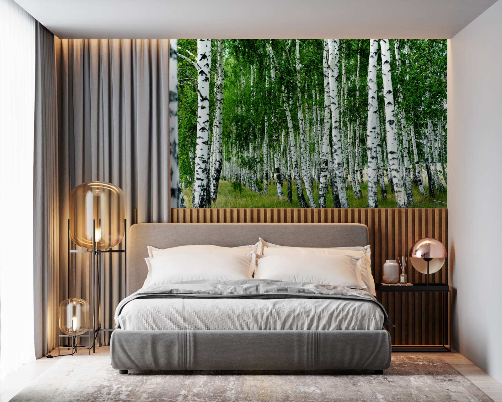 Fototapet mesteceni verzi cu trunchiuri grațioase pe un câmp deschis