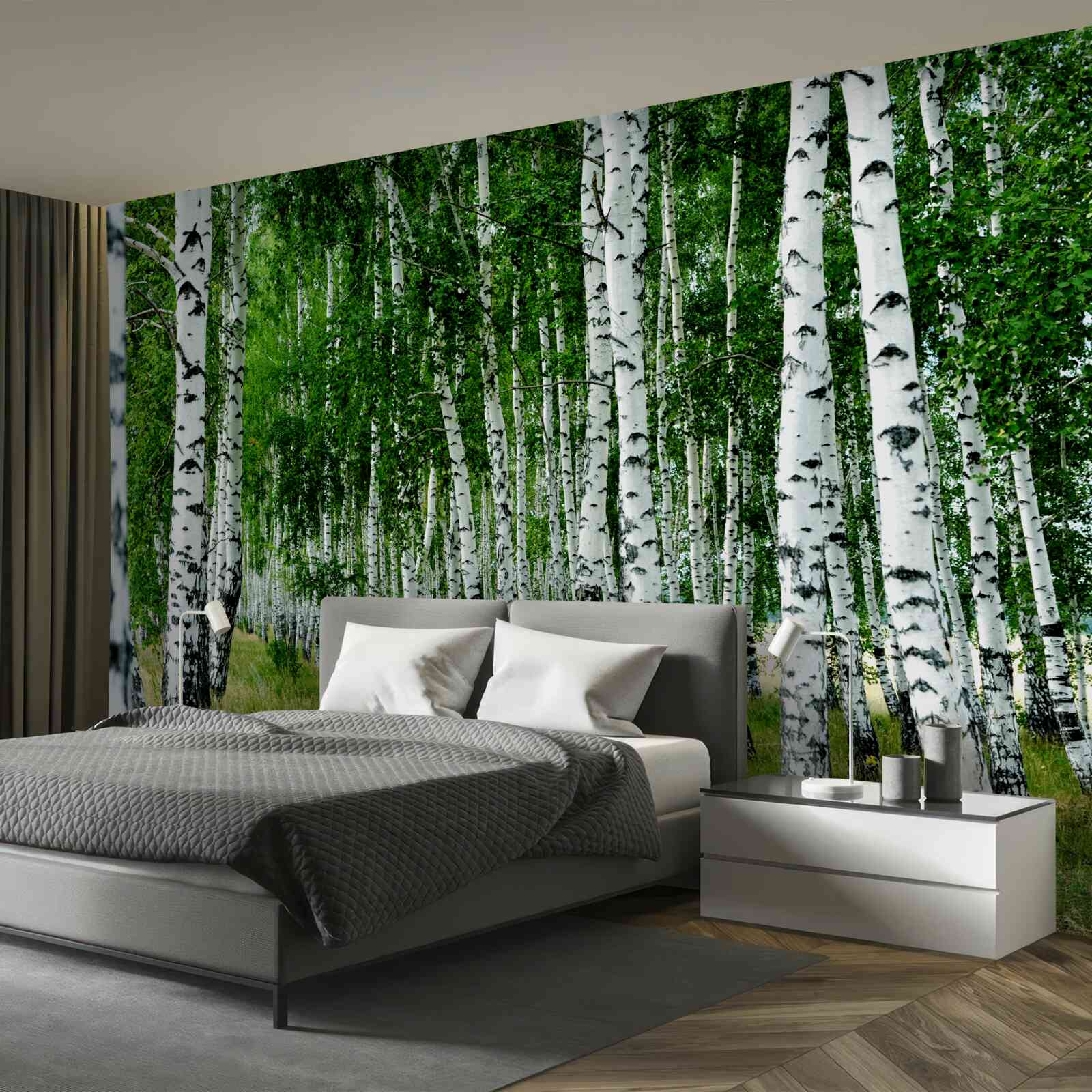 Fototapet mesteceni verzi cu trunchiuri grațioase pe un câmp deschis