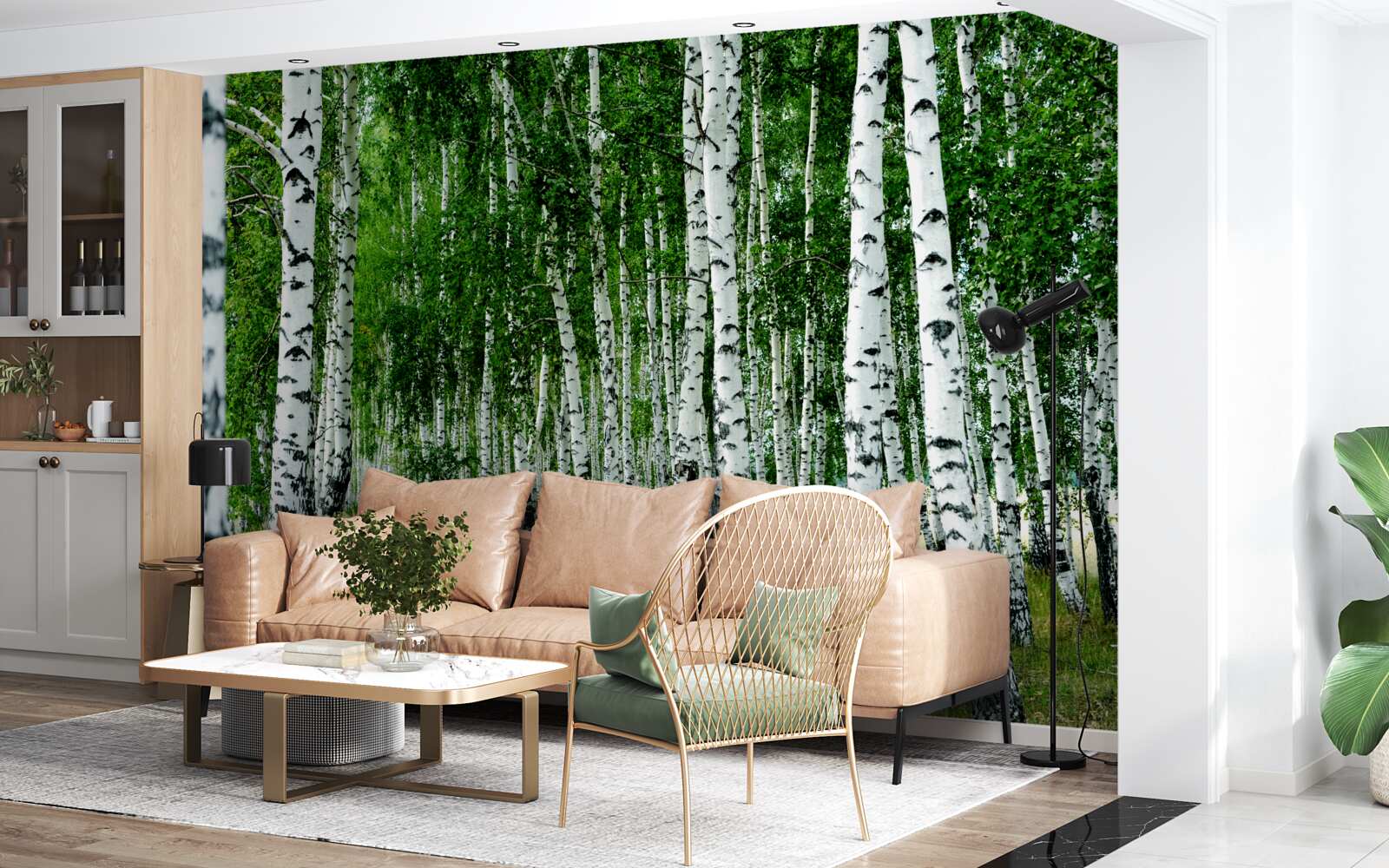 Fototapet mesteceni verzi cu trunchiuri grațioase pe un câmp deschis