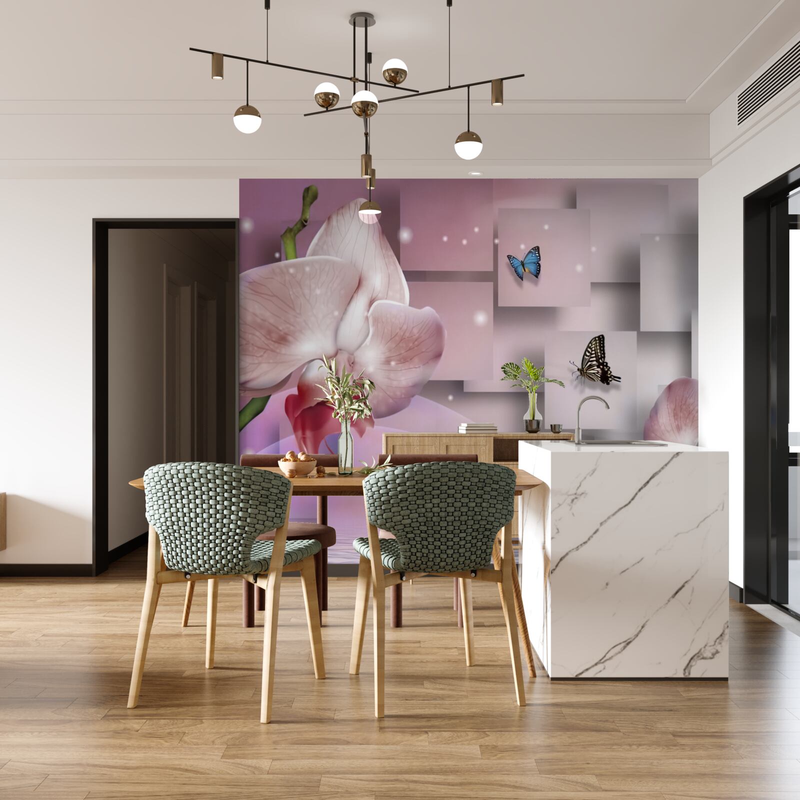 Fototapet fluturi și orhidee viu colorate