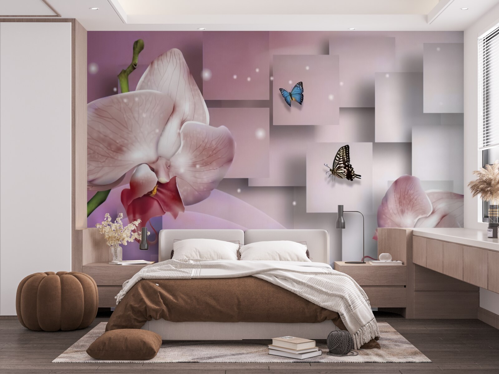 Fototapet fluturi și orhidee viu colorate