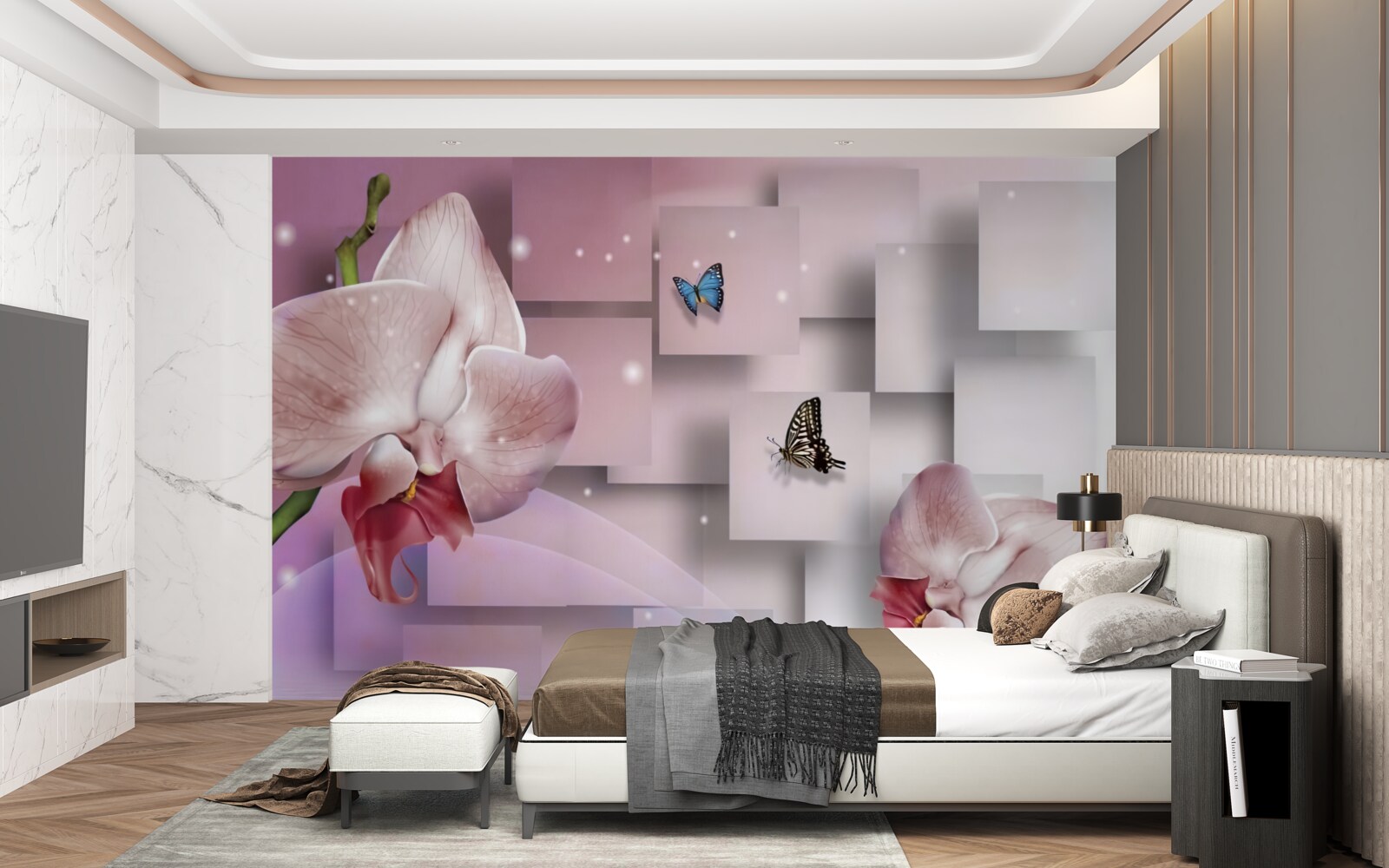 Fototapet fluturi și orhidee viu colorate