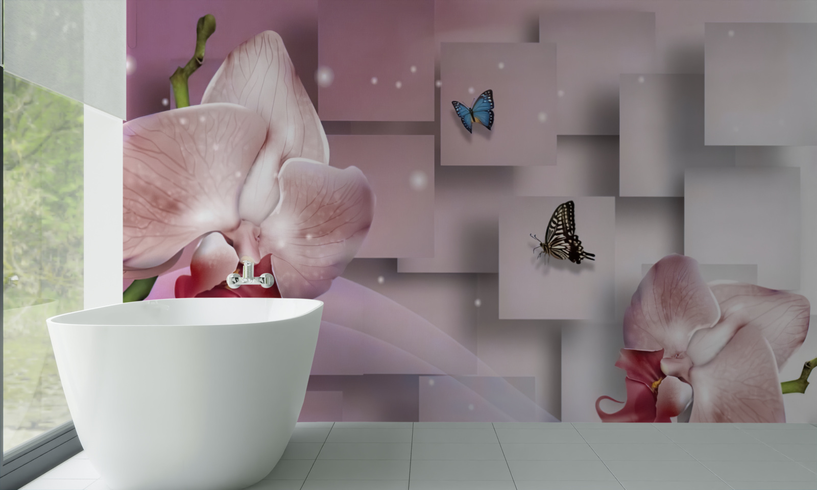 Fototapet fluturi și orhidee viu colorate