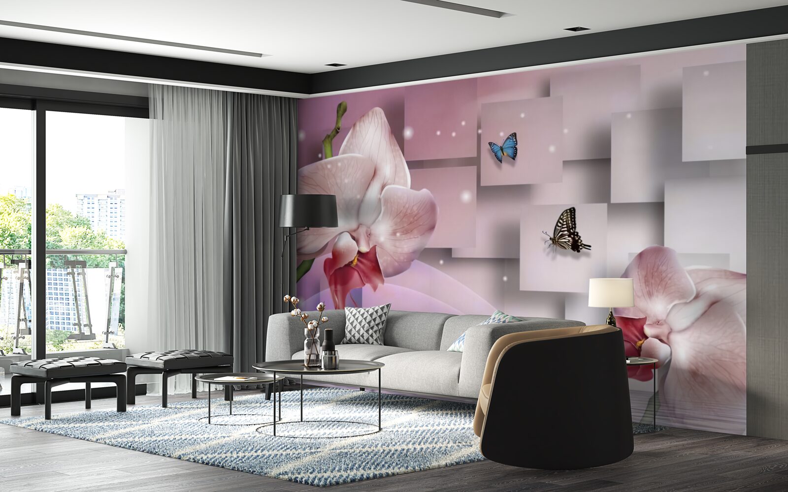 Fototapet fluturi și orhidee viu colorate