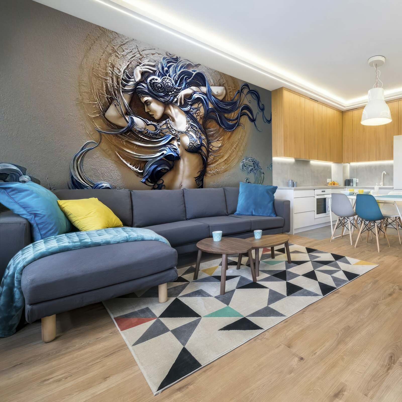 Fototapet imaginea unei fete în culori strălucitoare cu soarele în fundal