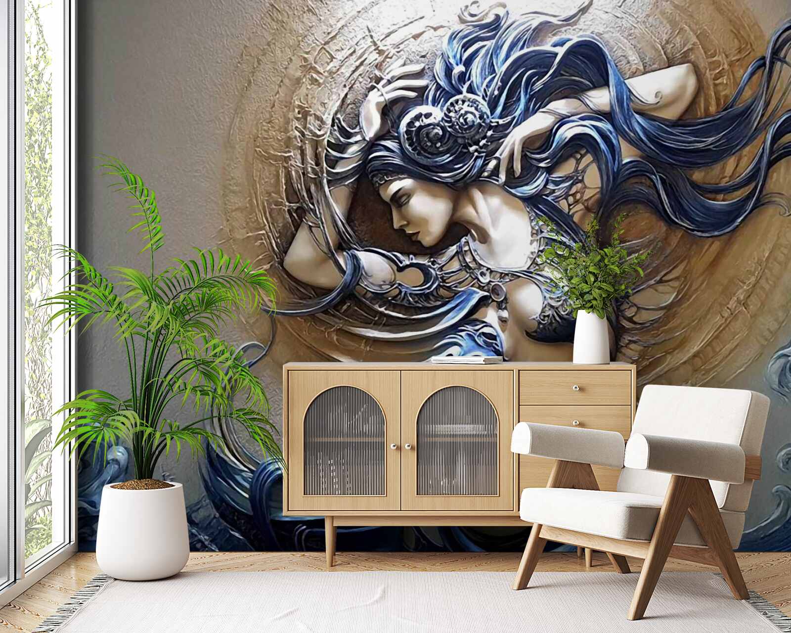 Fototapet imaginea unei fete în culori strălucitoare cu soarele în fundal