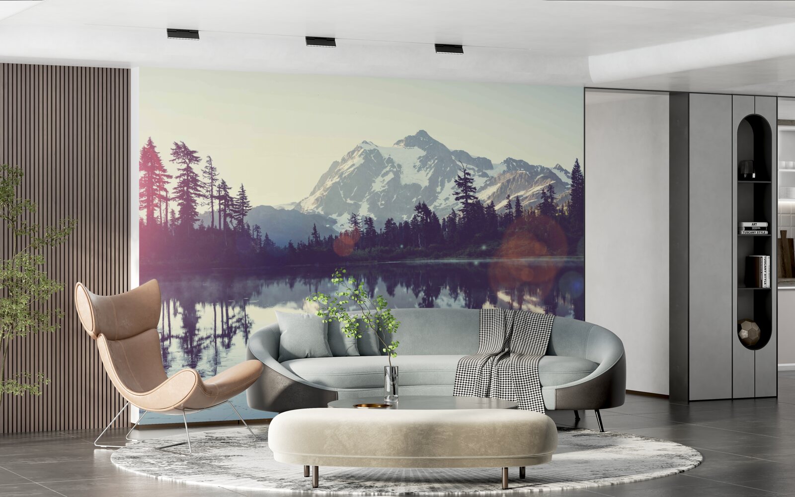 Fototapet priveliște uluitoare de munți și păduri reflectate în apa cristalină