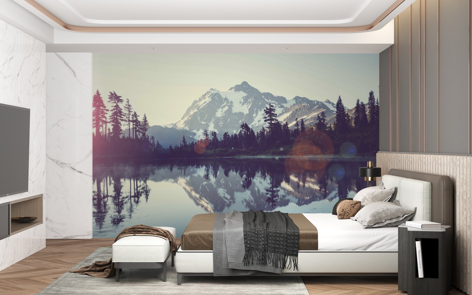 Fototapet priveliște uluitoare de munți și păduri reflectate în apa cristalină