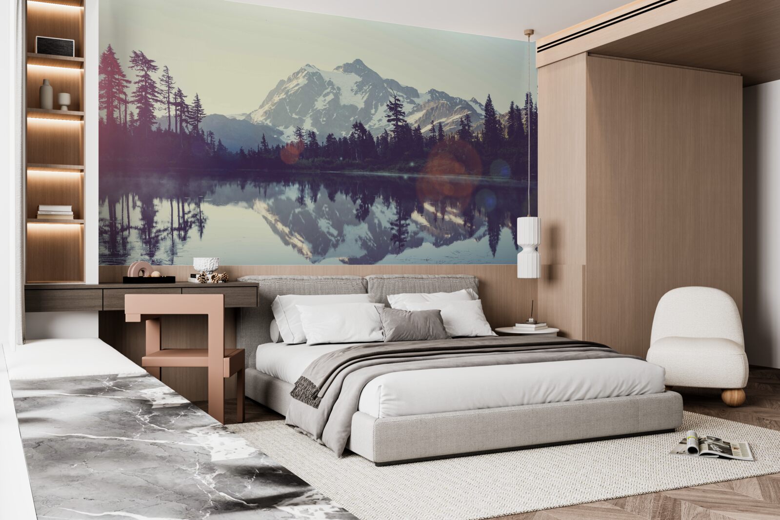 Fototapet priveliște uluitoare de munți și păduri reflectate în apa cristalină