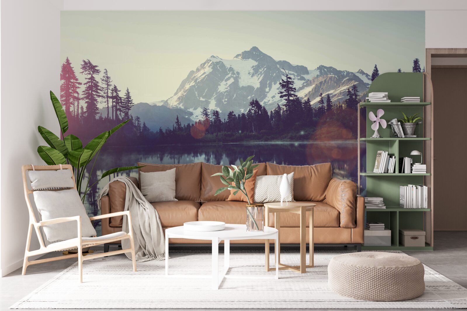 Fototapet priveliște uluitoare de munți și păduri reflectate în apa cristalină