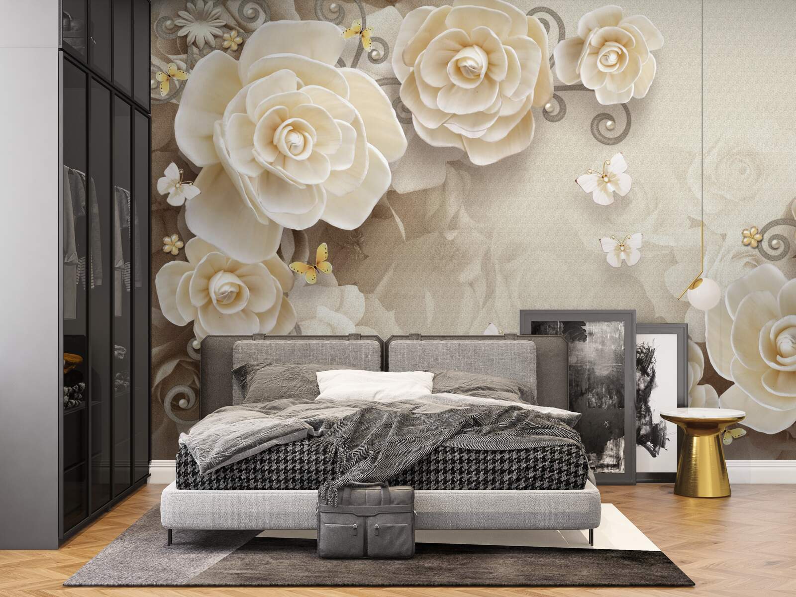 Fototapet flori cu perle pe o suprafață strălucitoare