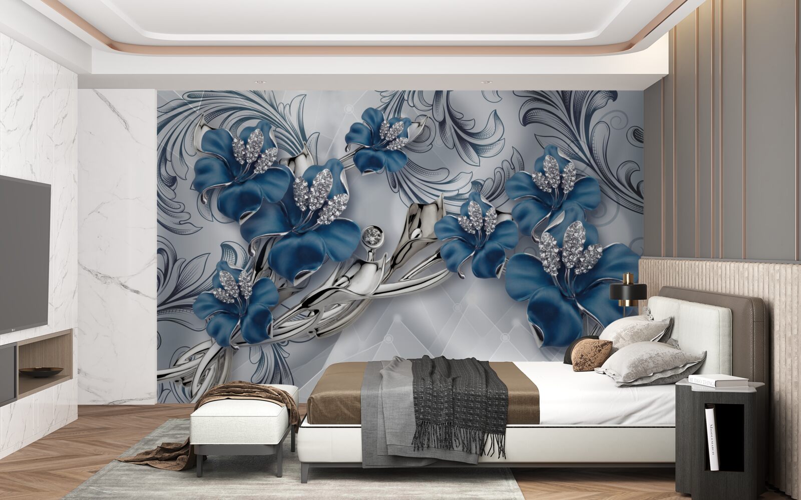 Fototapet flori albastru-argintiu