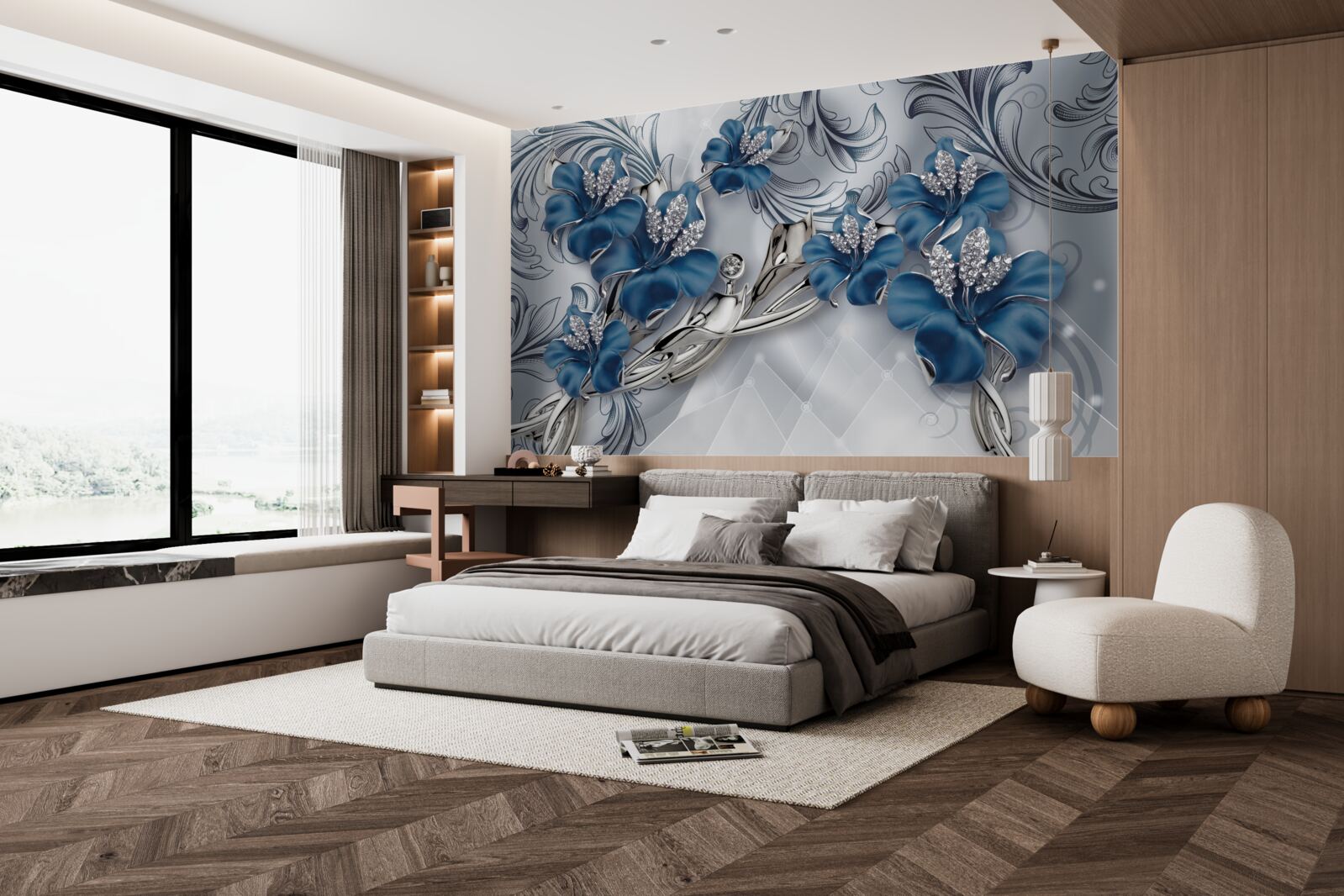 Fototapet flori albastru-argintiu