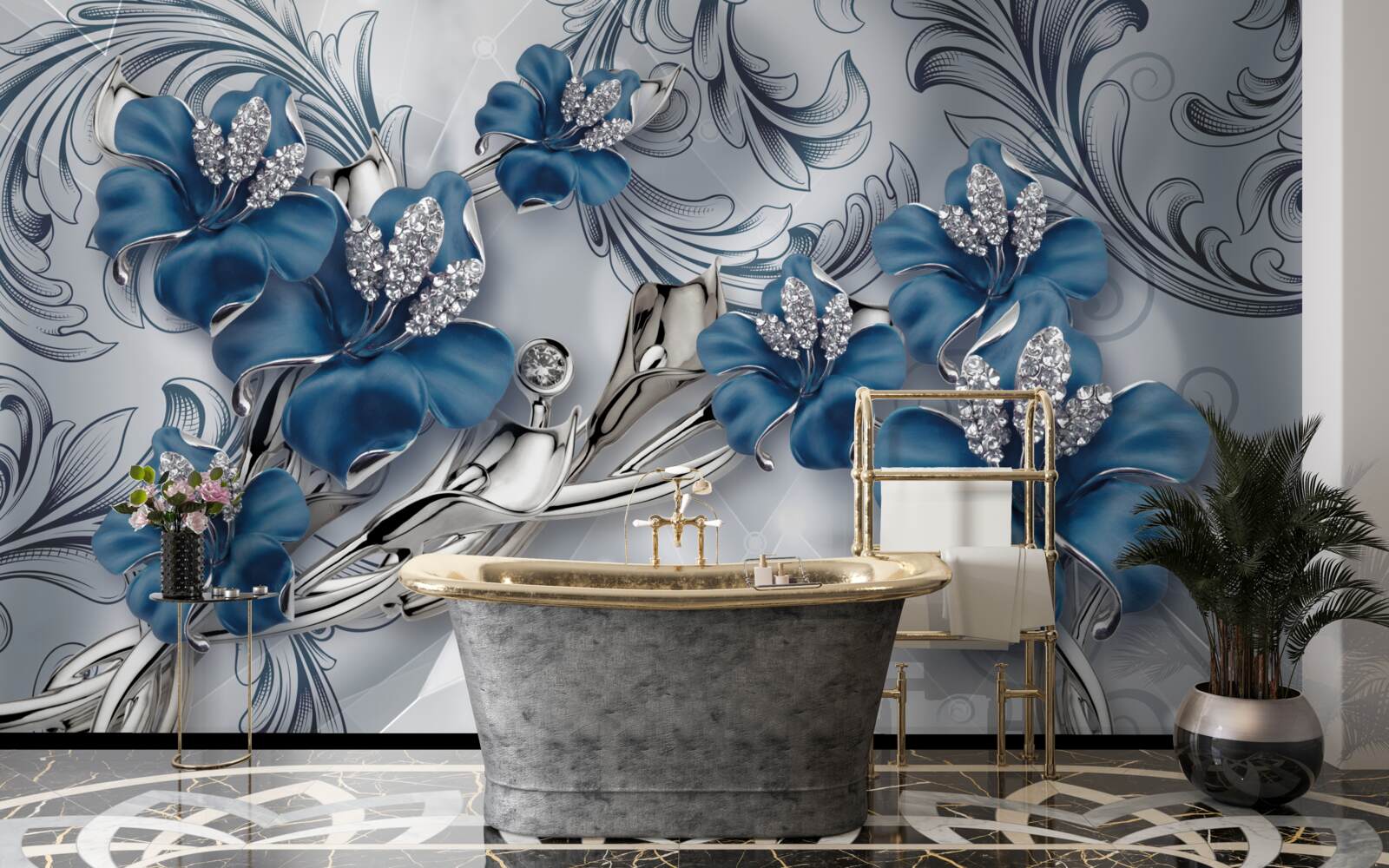 Fototapet flori albastru-argintiu