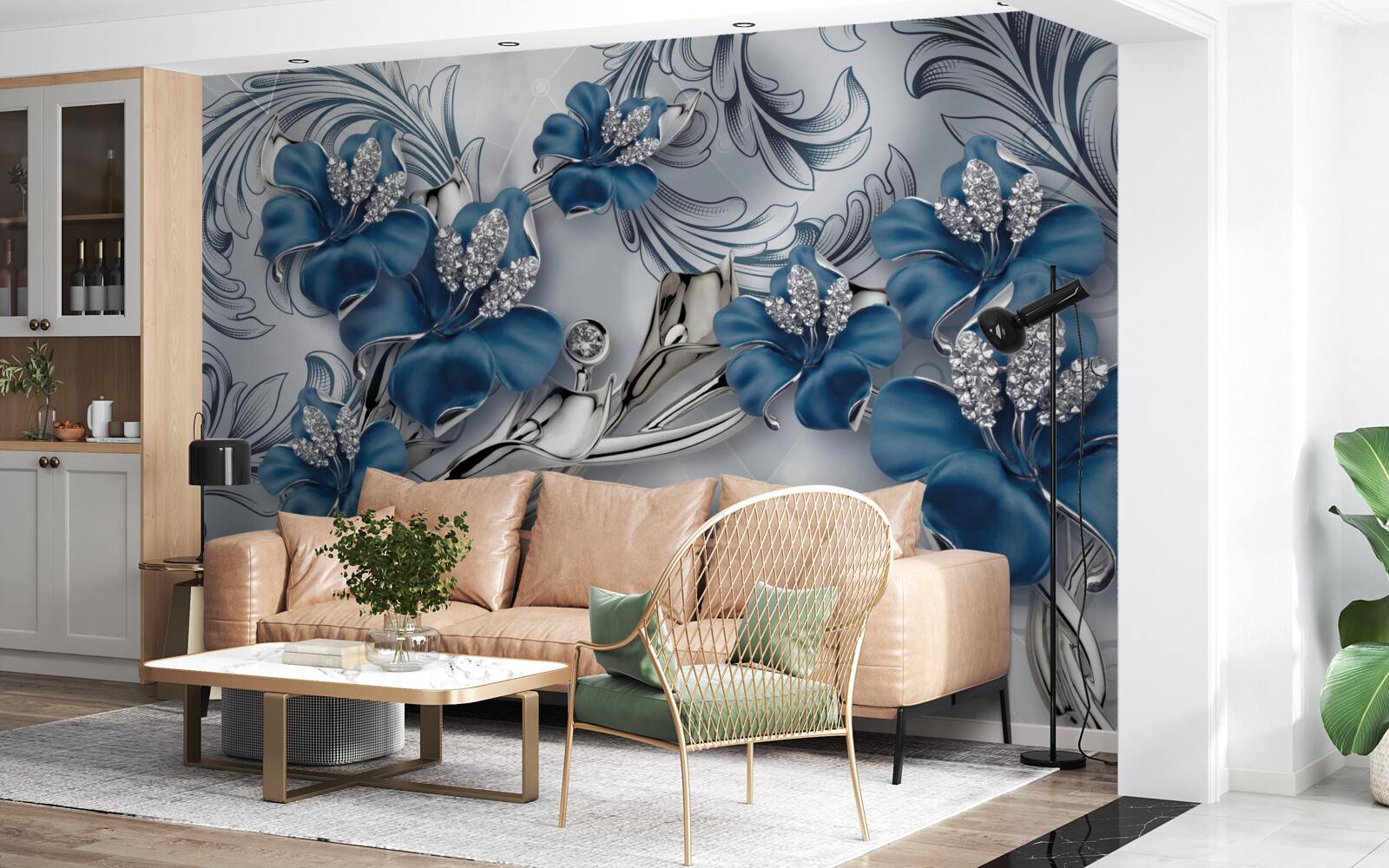 Fototapet flori albastru-argintiu