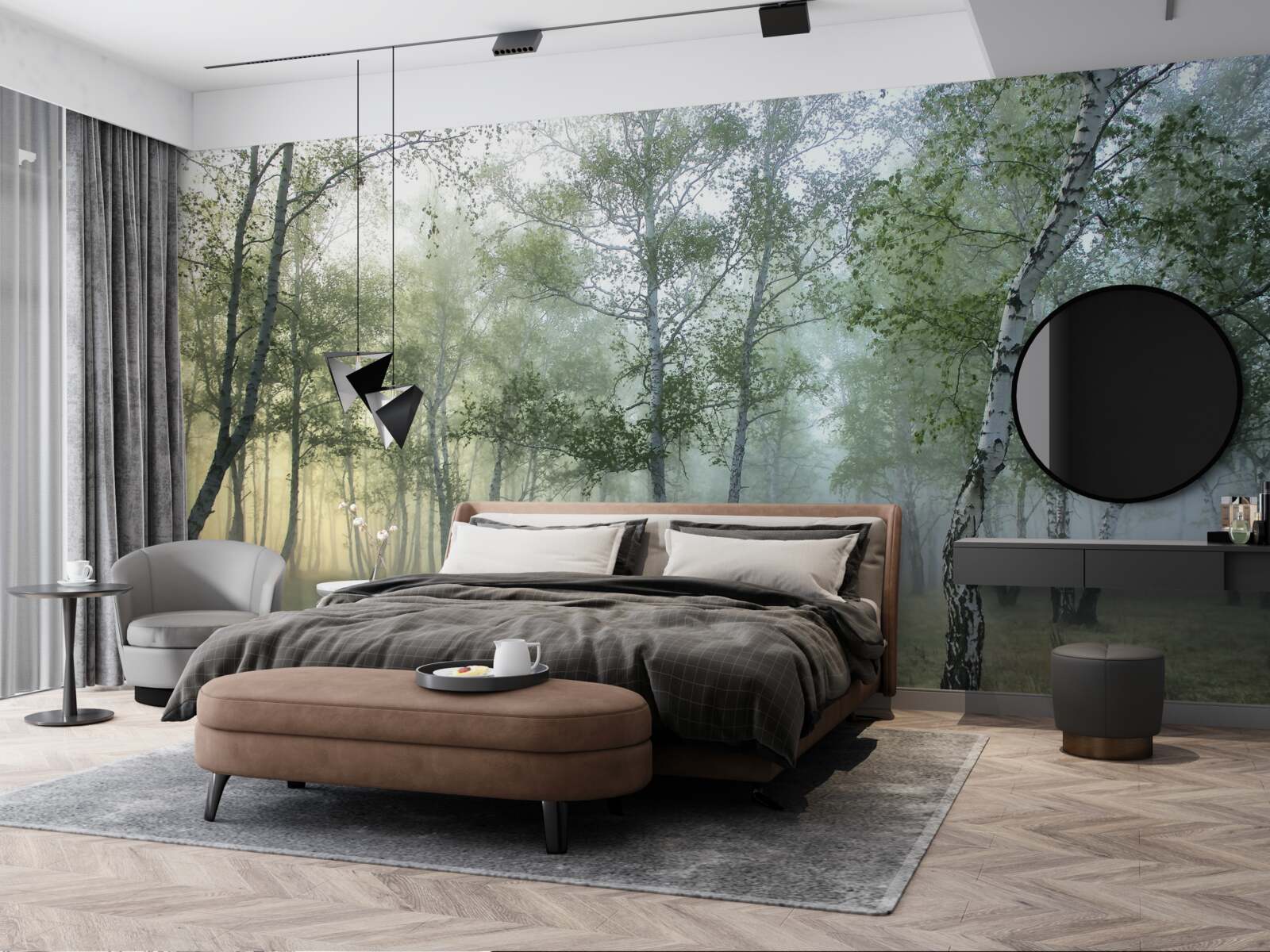 Fototapet mesteceni înalți învăluiți în ceața dimineții