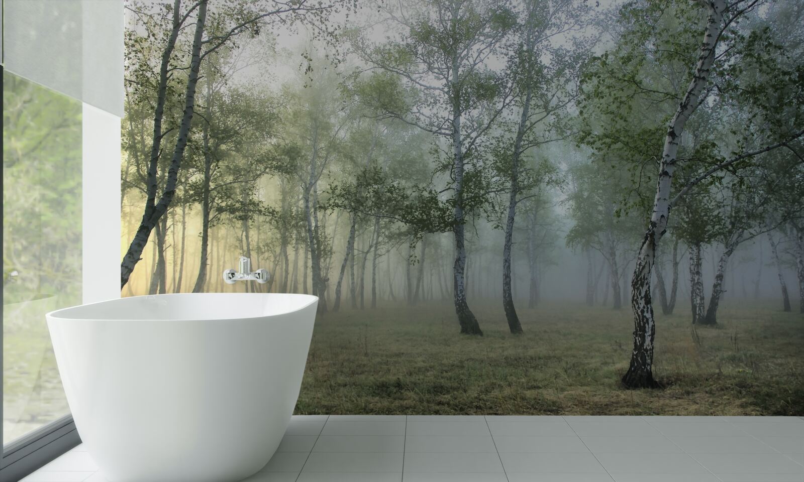 Fototapet mesteceni înalți învăluiți în ceața dimineții