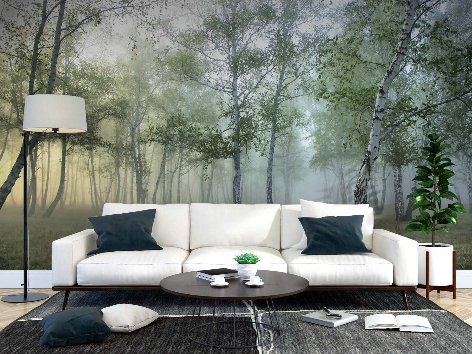 Fototapet mesteceni înalți învăluiți în ceața dimineții