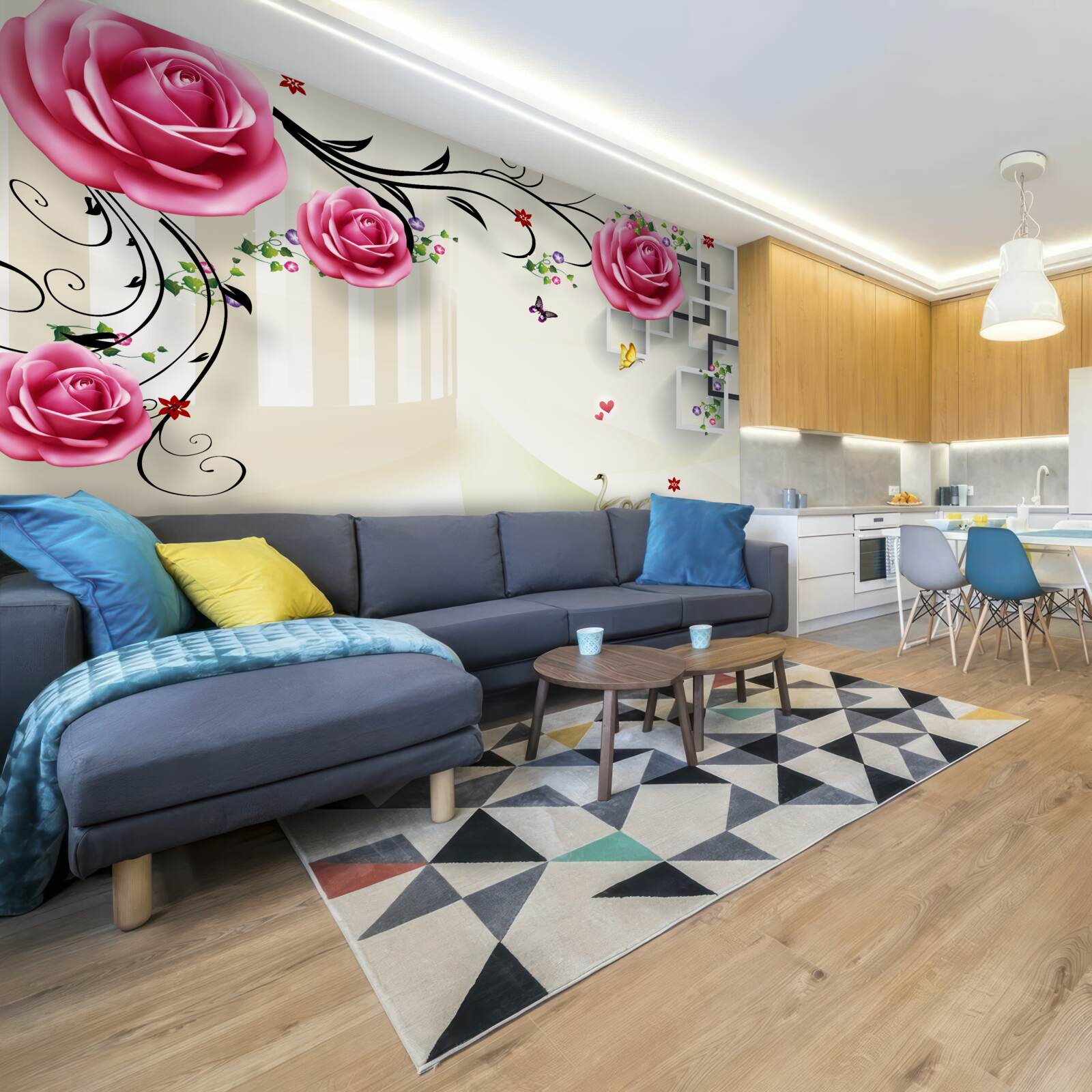 Fototapet ramuri argintii cu trandafiri roz